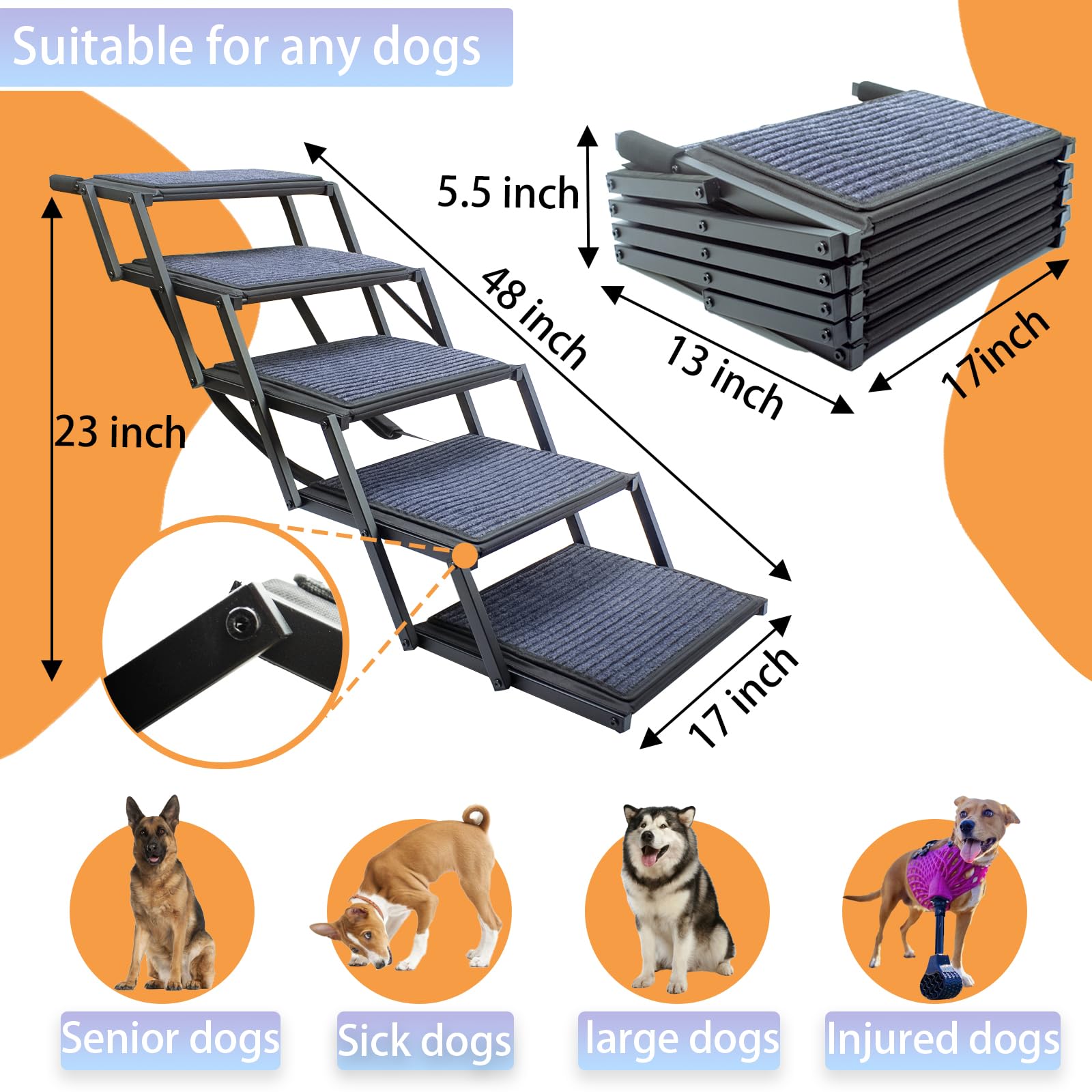 Dog Ramp for Car Truck and SUV Dog Stairs for Large Dogs Folding Pet Stairs with Non-Slip Rug Surface Supports Up to 250 lbs (6