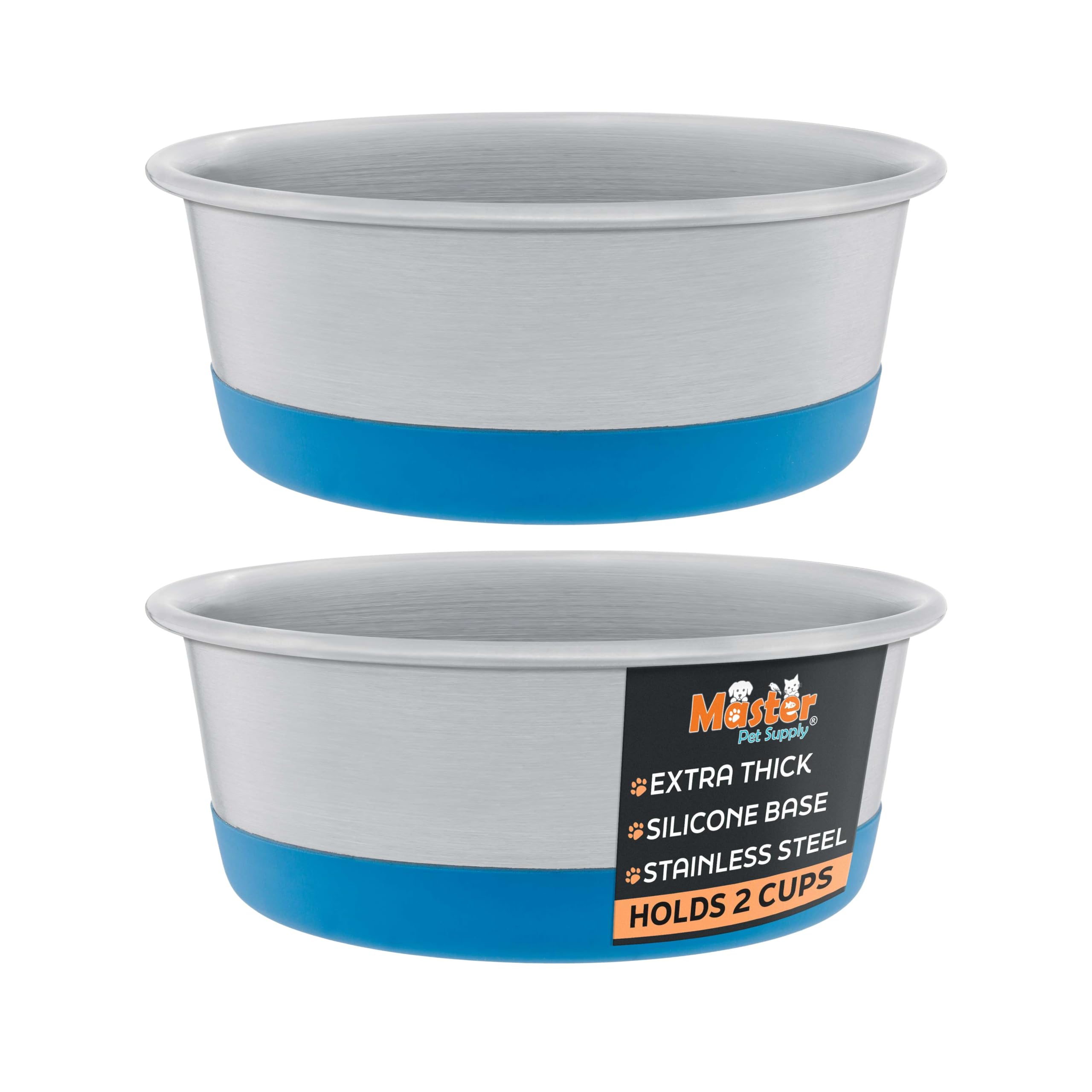 Master Pet Supply Stainless Steel Dog Bowls Set of 2 with Extra Thick Silicone Base - 2 Cup (16 oz) True Blue, Non-Slip, Dishwas