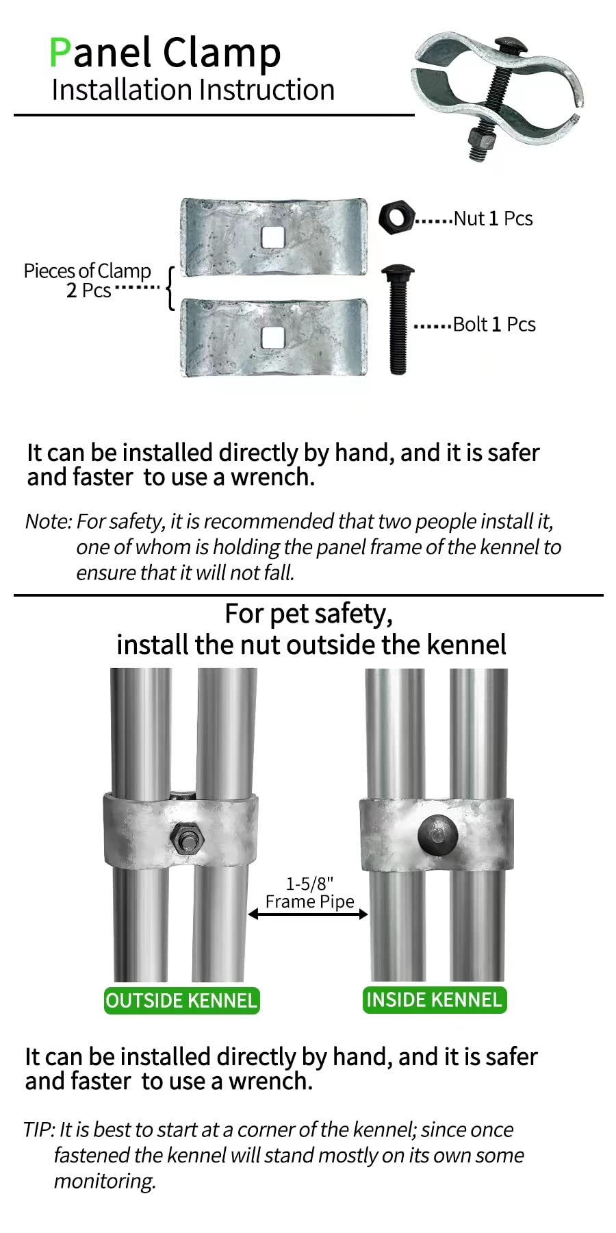 HITTITE Dog Kennel Panel Clamps - 8 Set, Alloy Steel, 1-5/8" Diameter, 42mm, for Chain Link Fence and Round Pipe Frames