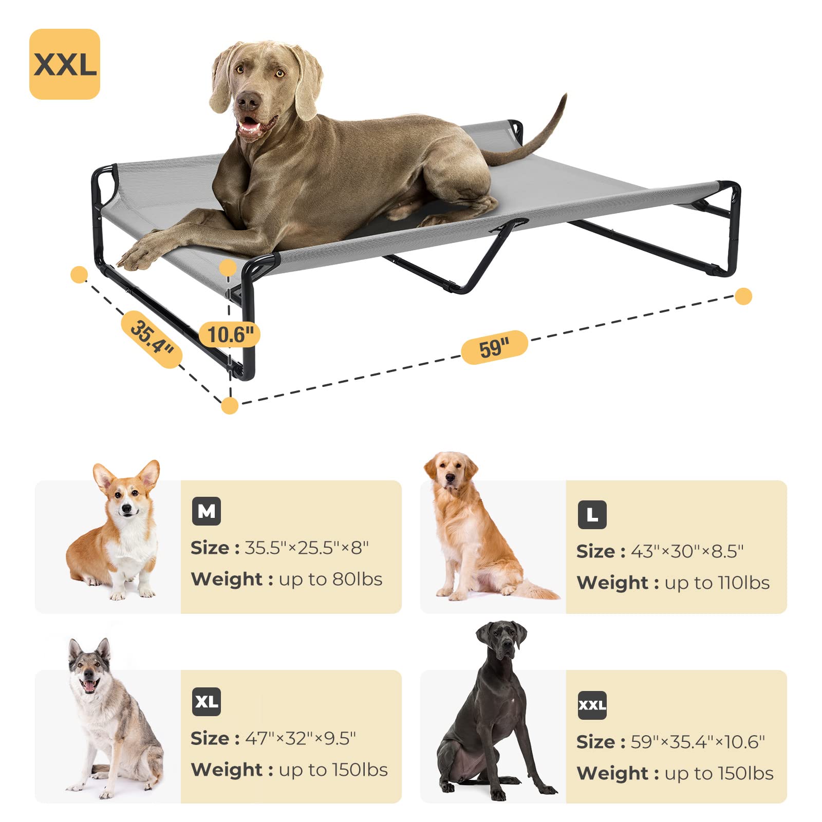 Veehoo Original Cooling Elevated Dog Bed, Outdoor Raised Dog Cots Bed For Large Dogs, Chew Proof Standing Pet Bed With Washable Breathable Mesh, No-Slip Feet For Indoor Outdoor, Xx-Large, Grey