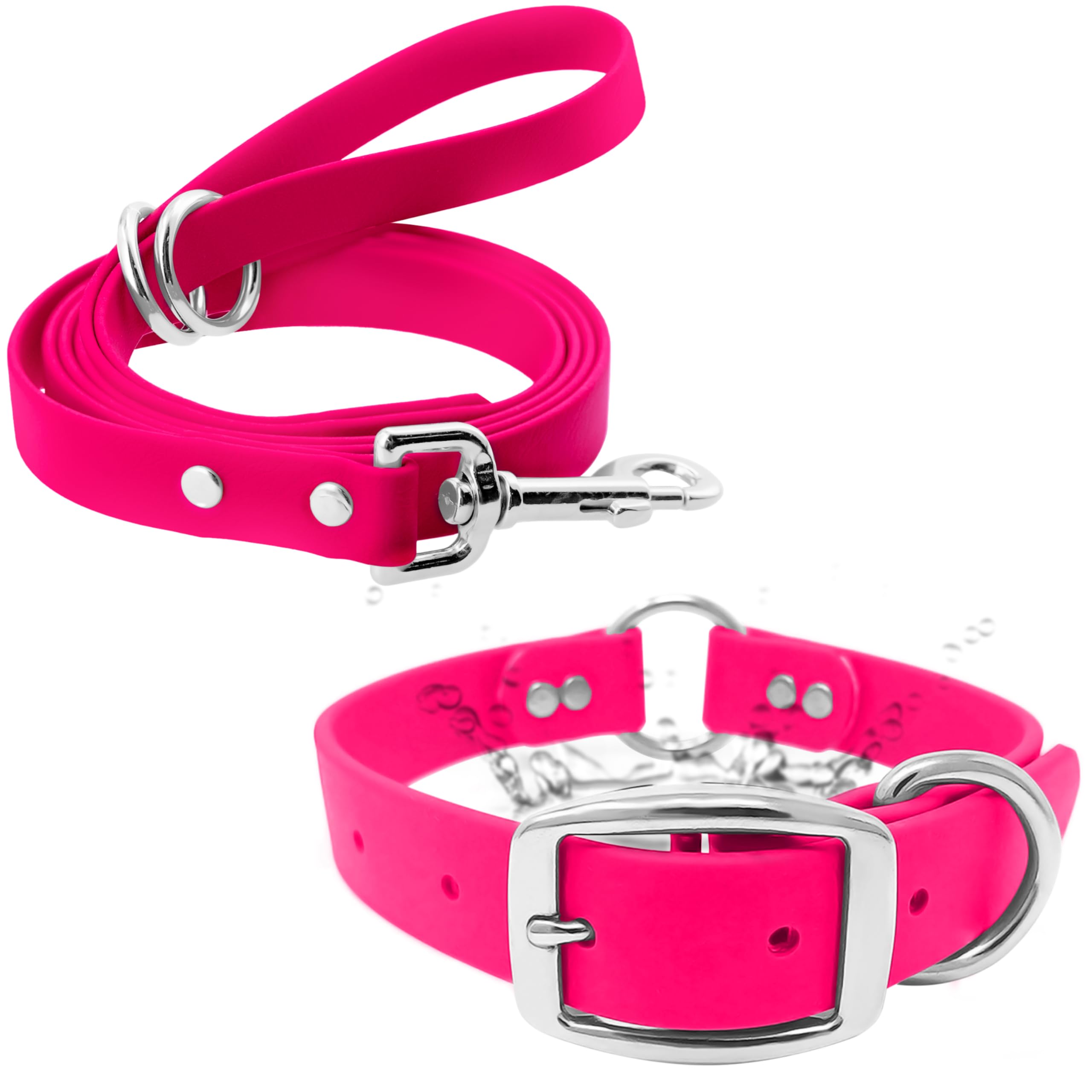 Regal Dog Products Large Pink Waterproof Dog Collar And Leash Set - Vinyl Coated Biothane Pet Training Collar With Heavy Duty Ce