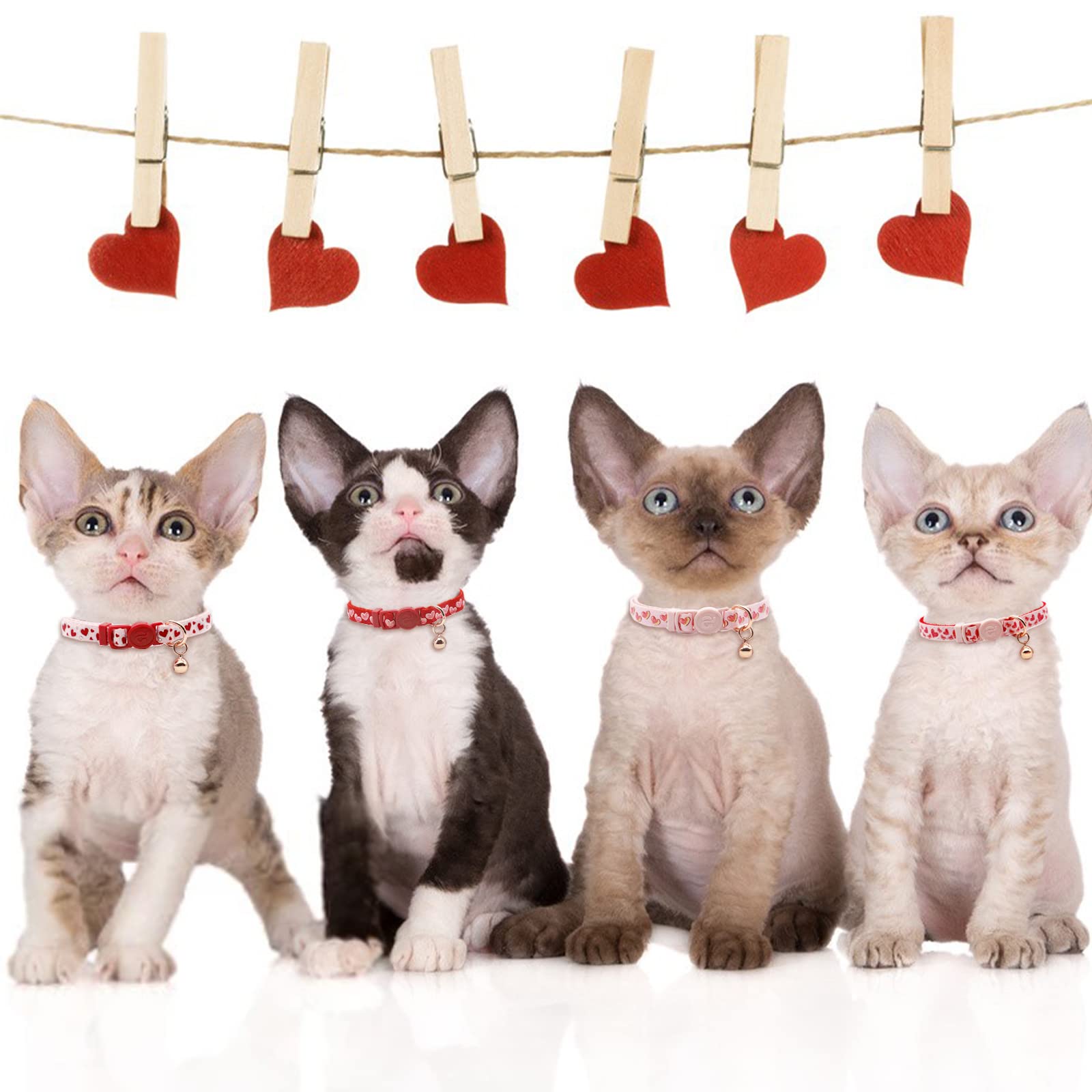 azuza 4 Pack Valentines Kitten Collar with Bell Valentines Day Breakaway Kitten Collars with Cute Heart Pattern Adjustable Size