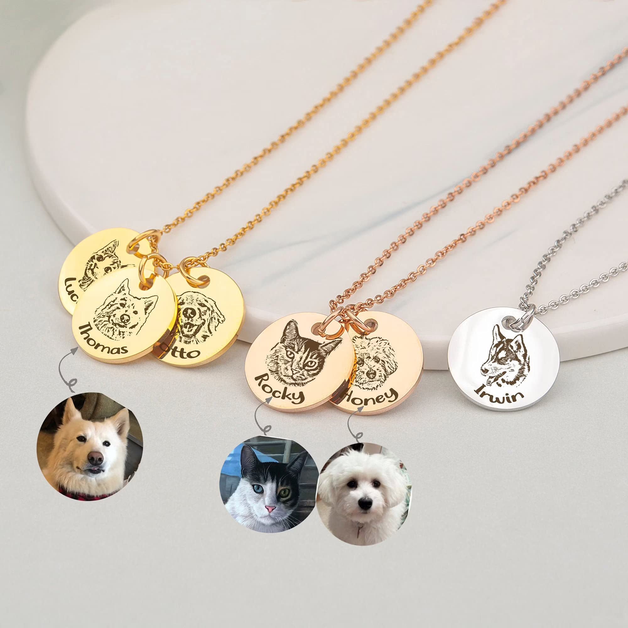 Anavia Personalized Pet Portrait Necklace, Handmade Pet Dog Cat Memorial Jewelry Gift, Customized Round Disc Photo Engraved Neck
