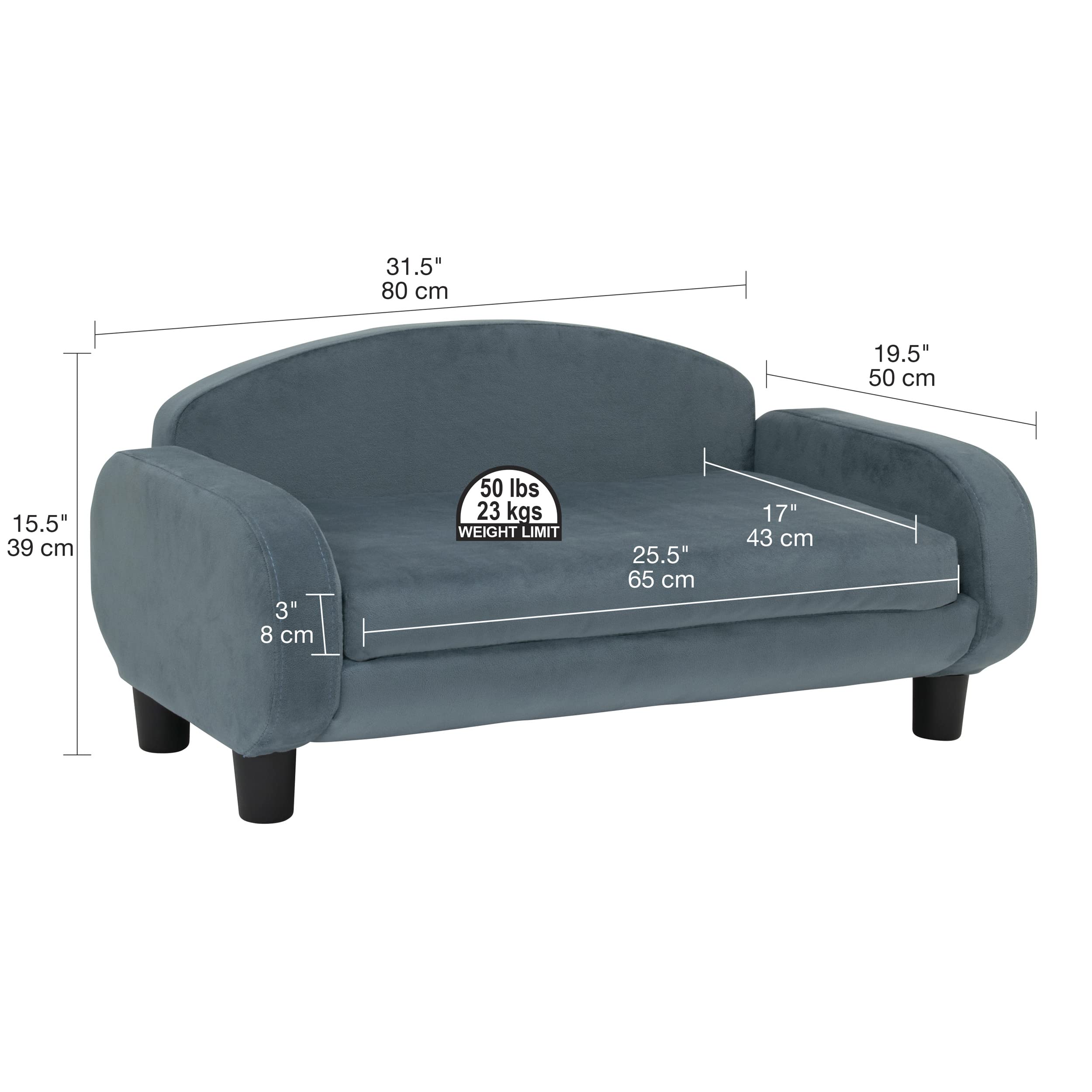 Paws & Purrs Modern Pet Sofa 31.5 Wide Low Back Lounging Bed with Removable Mattress Cover in Espresso/Cornflower