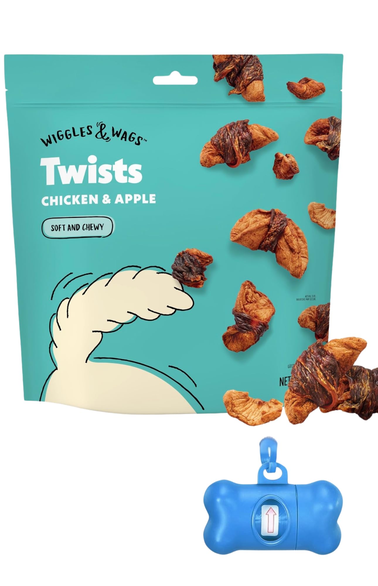 Wiggles & Wags Chicken & Apple Twists Dog Treats, 16 oz, with DN Essentials Bone Shaped Waste Bag Dispenser & Free Roll