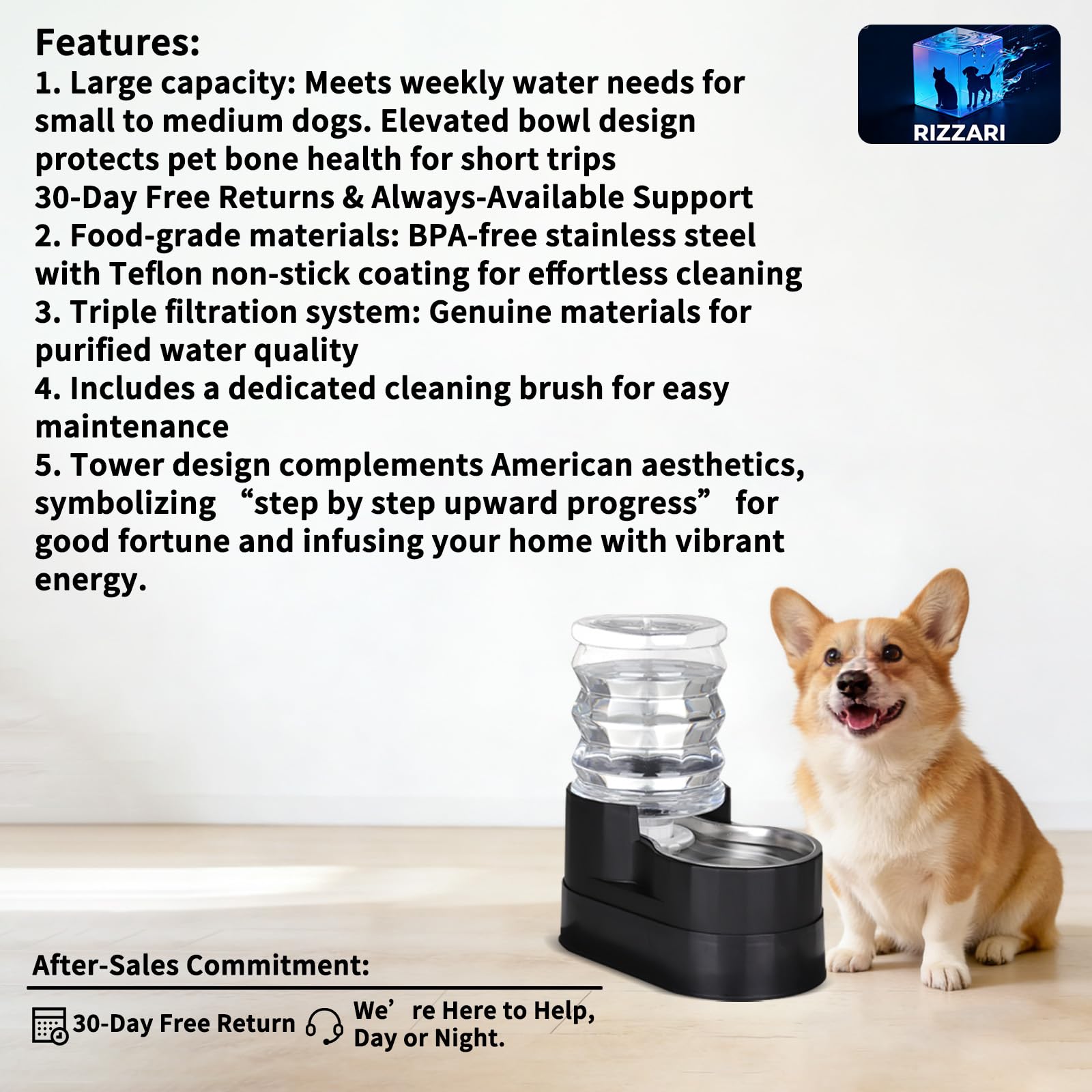 RIZZARI Automatic Cat Water Dispenser: Black 5L Elevated Feeder with Specialized Brush and Triple Filtration - Stainless Steel G