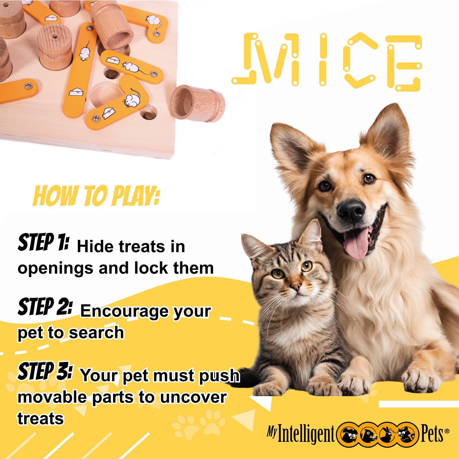 My Intelligent Dogs MICE - Cat and Dog Treat Puzzle, Interactive Wooden Toy for Cats and Dogs - Puzzle Feeder for Mental and Phy