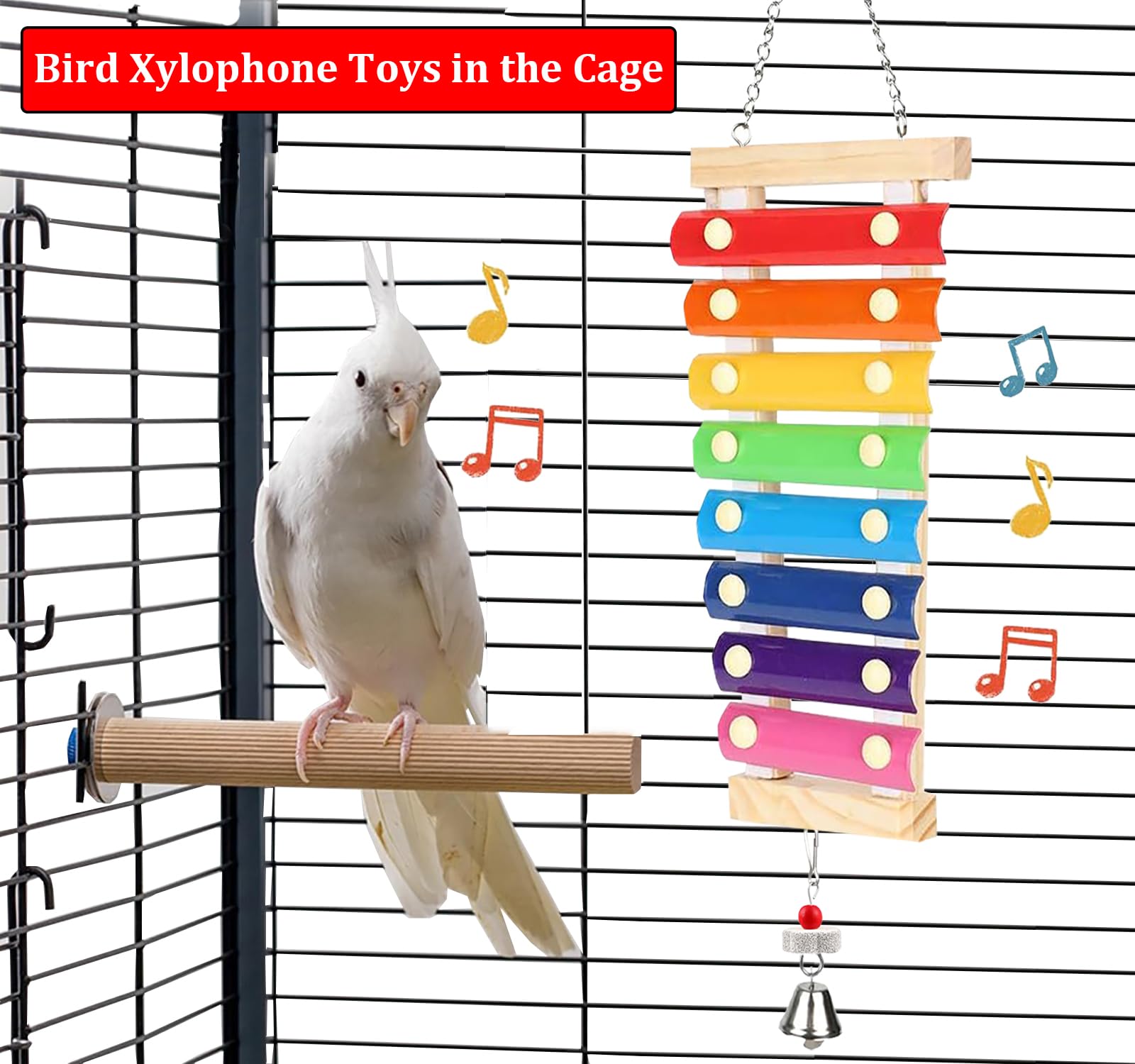 Hzakxin Large Parrot Suspensible Xylophone Toy, Multicolored Natural Wooden Bird Chewing Toys With Grinding Stone For Large, Med