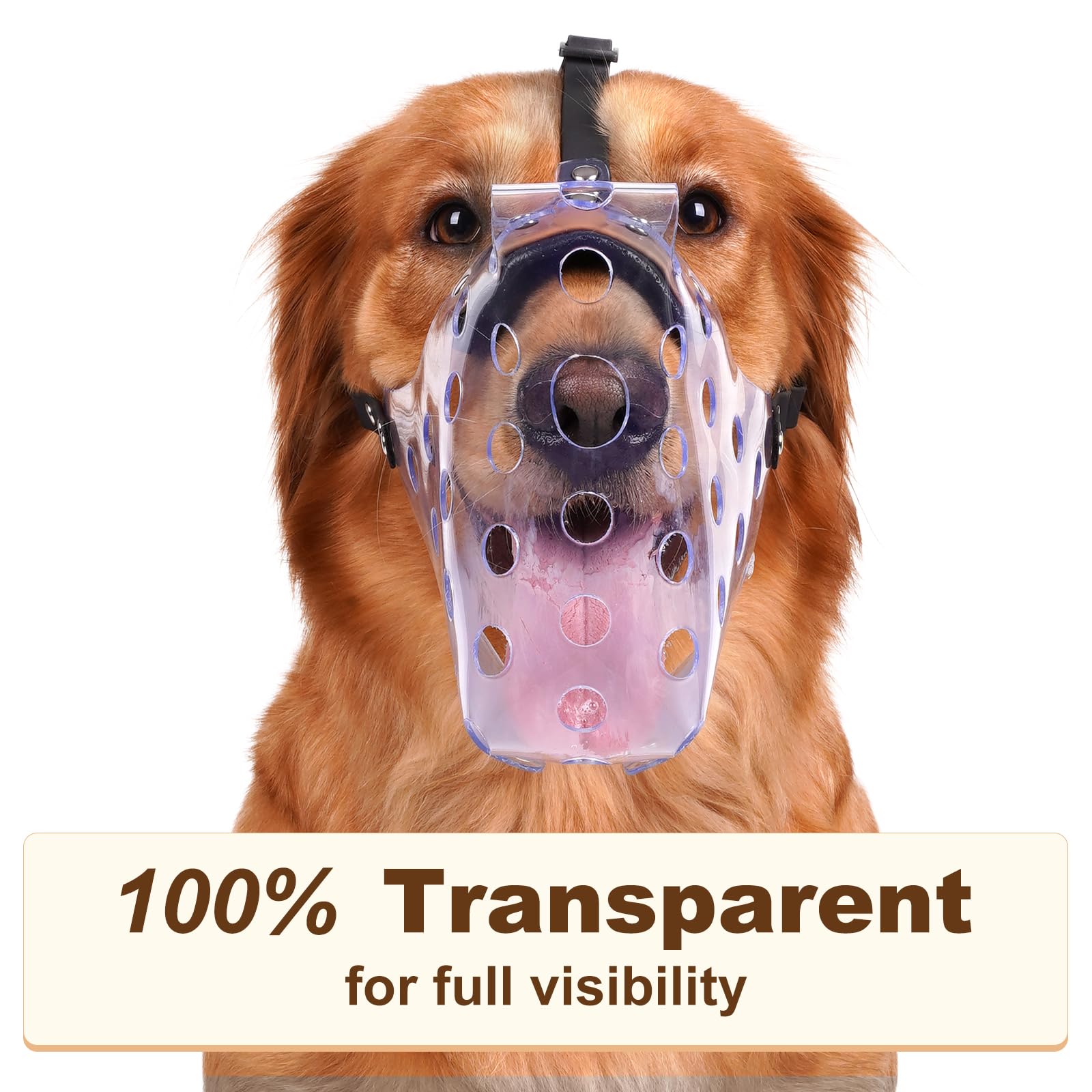 Mayerzon Dog Muzzle - Breathable Cage Mouth Guard for Dogs, Size M, Clear, Model TMPVC-CR-DTS, Prevents Biting & Chewing