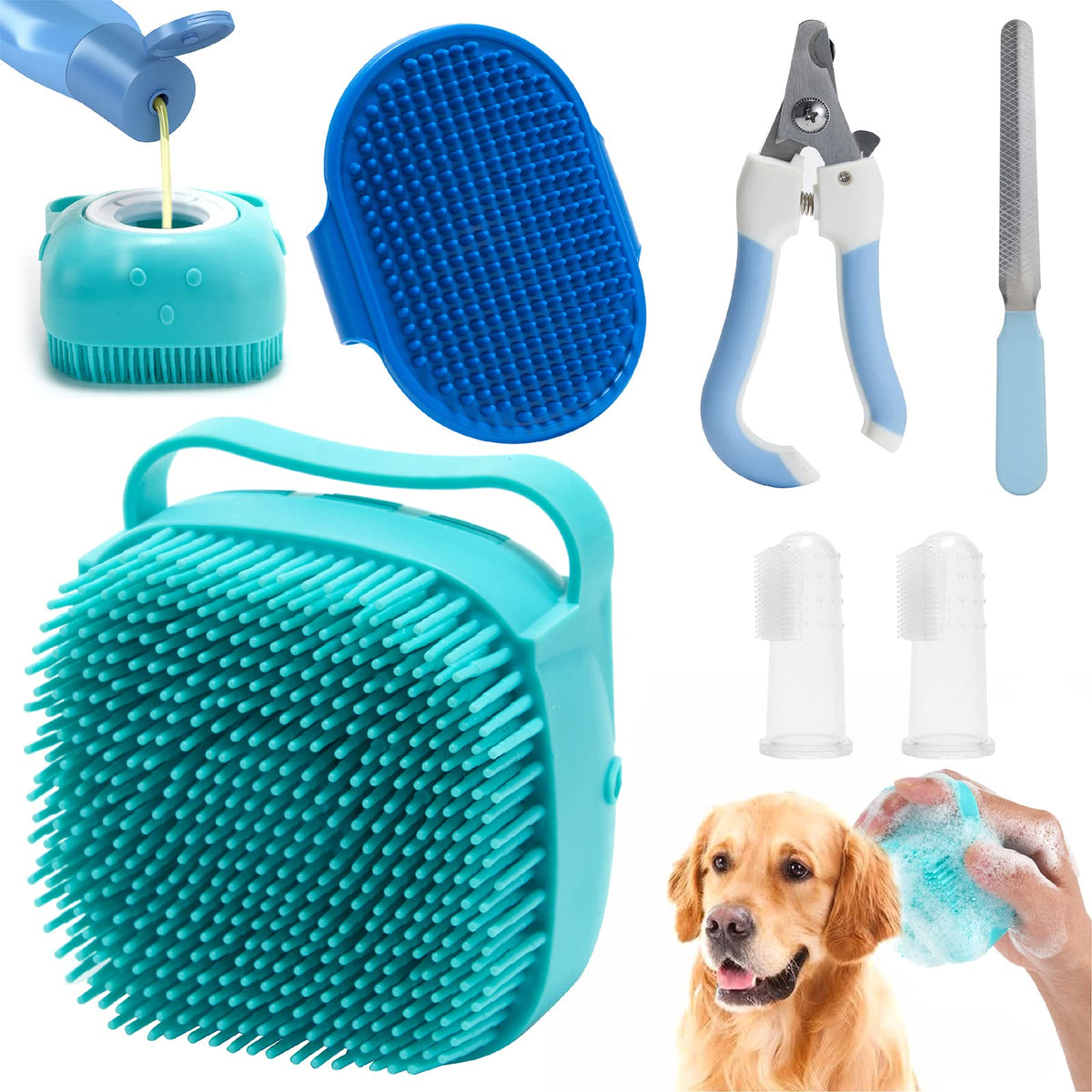 6Pcs Silicone Pet Grooming Set: Bath Massage Dispenser Brush, Finger Toothbrush, Nail Clippers And File For Dogs And Cats