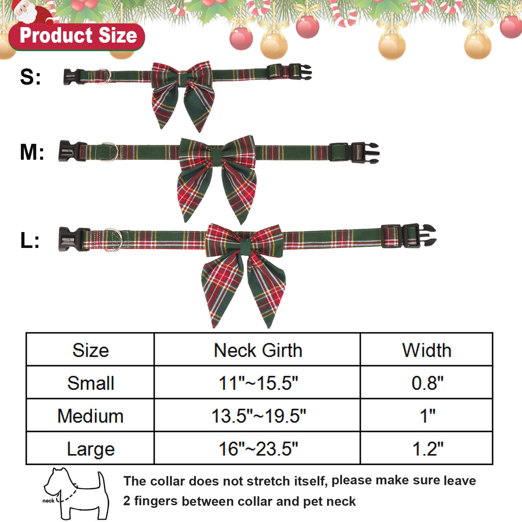 Adoggygo Christmas Dog Collar With Bow, Plaid Xmas Dog Bowtie Collar, Adjustable Green Dog Christmas Collars For Small Medium Large Dogs Pets (Large, Green)