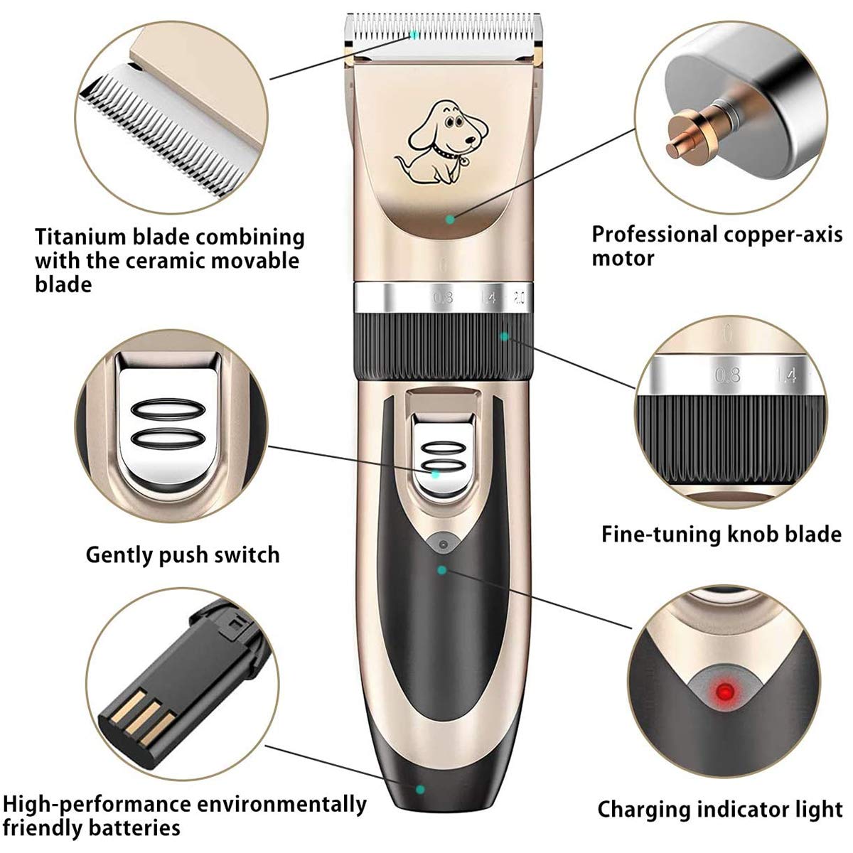 Maxshop Dog Grooming Kit, Low Noise Rechargeable Dogs Shaver Clippers Electric Quiet Dog Hair Trimmer For Dogs And Cats With Comb Guides Scissors Nail Kits (Gold Black)