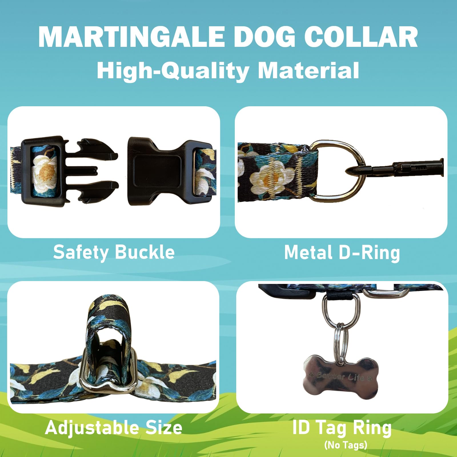 Fidohug Martingale Collar for Dogs with Buckle Pretty Cute Floral Nylon Dog Collars for Medium Dogs (Luxury Golden Flowers, Medi
