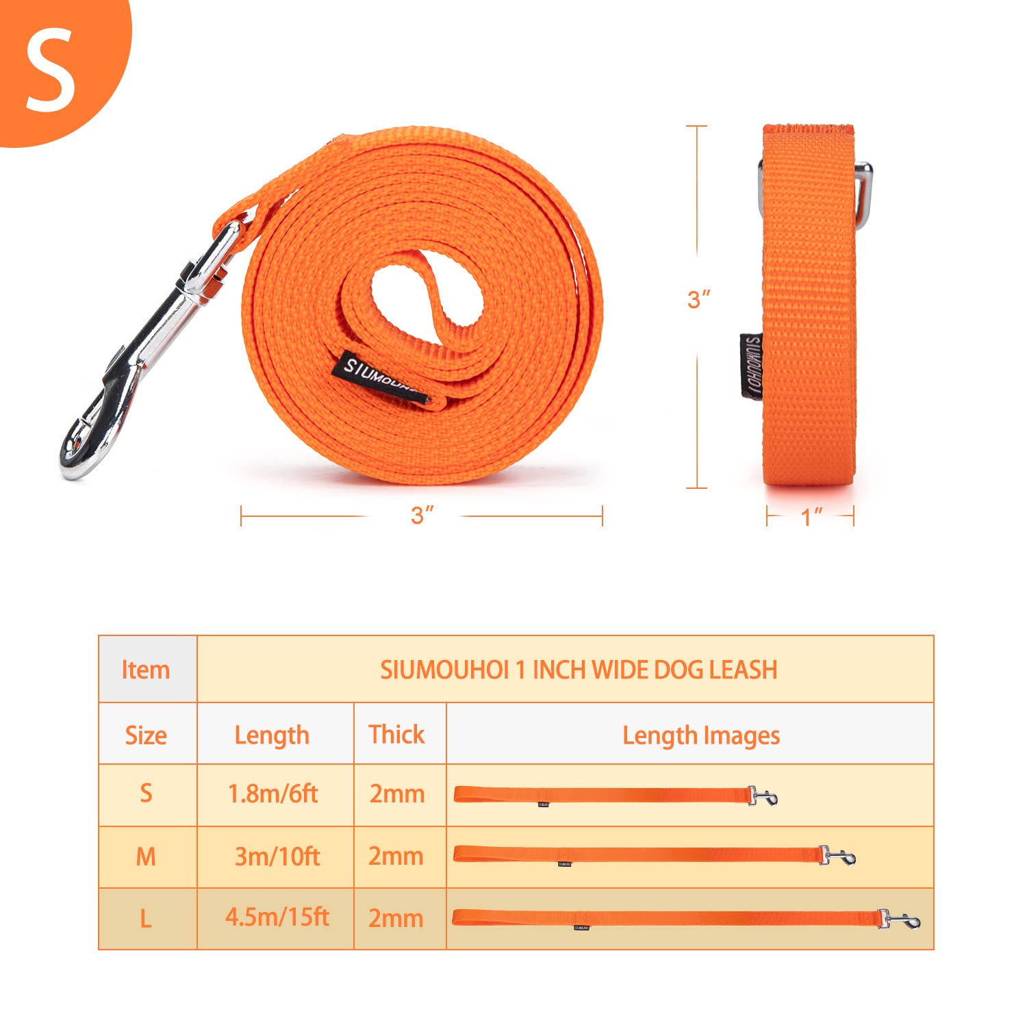 Siumouhoi Strong Durable Nylon Dog Training Leash, 1 Inch Wide Traction Rope, 6 Ft 10Ft 15Ft Long, For Small And Medium Dog (Ora