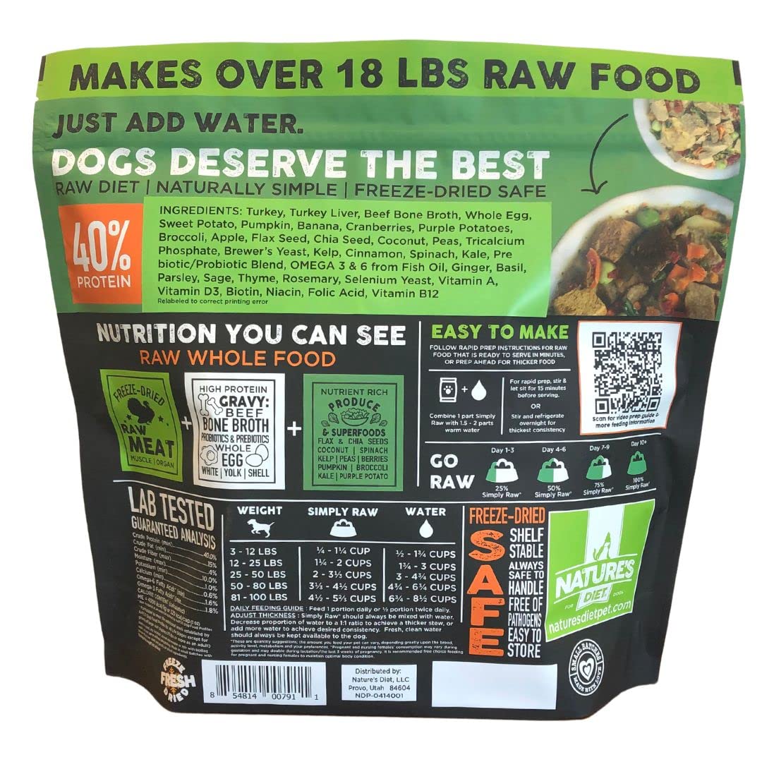 Natures Diet Simply Raw Freeze-Dried Raw Whole Food Meal - Makes 18 Lbs Fresh Food With Muscle, Organ, Bone Broth, Whole Egg, S