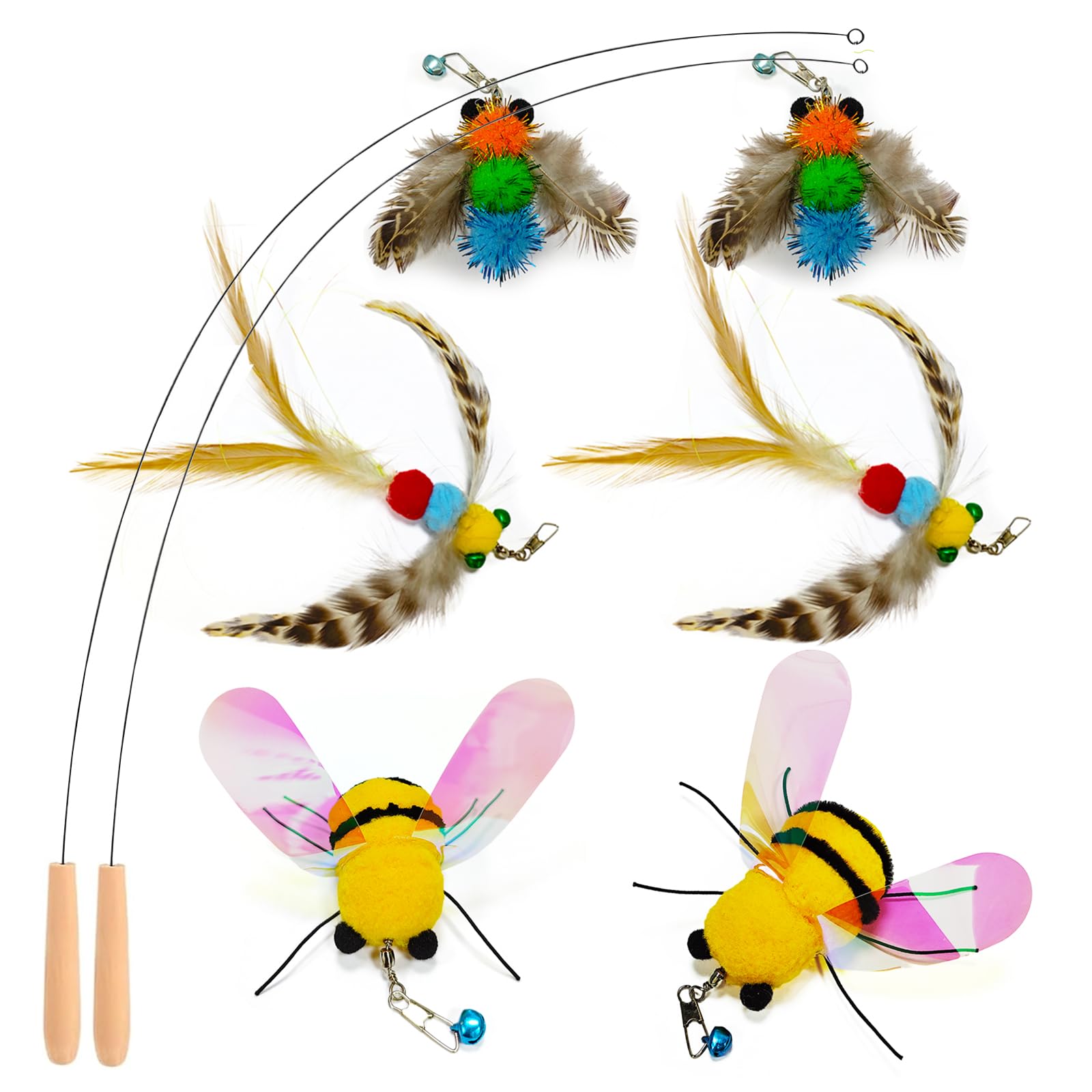 Kingtree Cat Teaser Wand Toys, 8 Pack Feather Wand Cat Toy Set With 6Pcs Insects Feather Refills & 2Pcs Flexible Steel Wire Teas