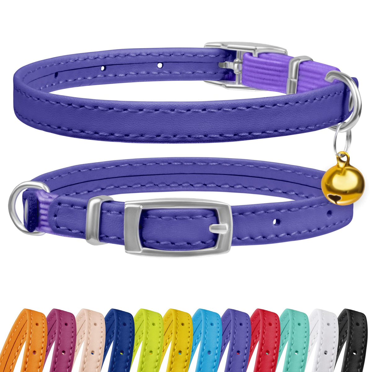 Collardirect Leather Cat Collar With Bell - Kitten Collar, Small And Big Cat Collar For Boy Cats, Girl Cats With Safety Elastic Strap (Neck Fit 8'-11', Purple)