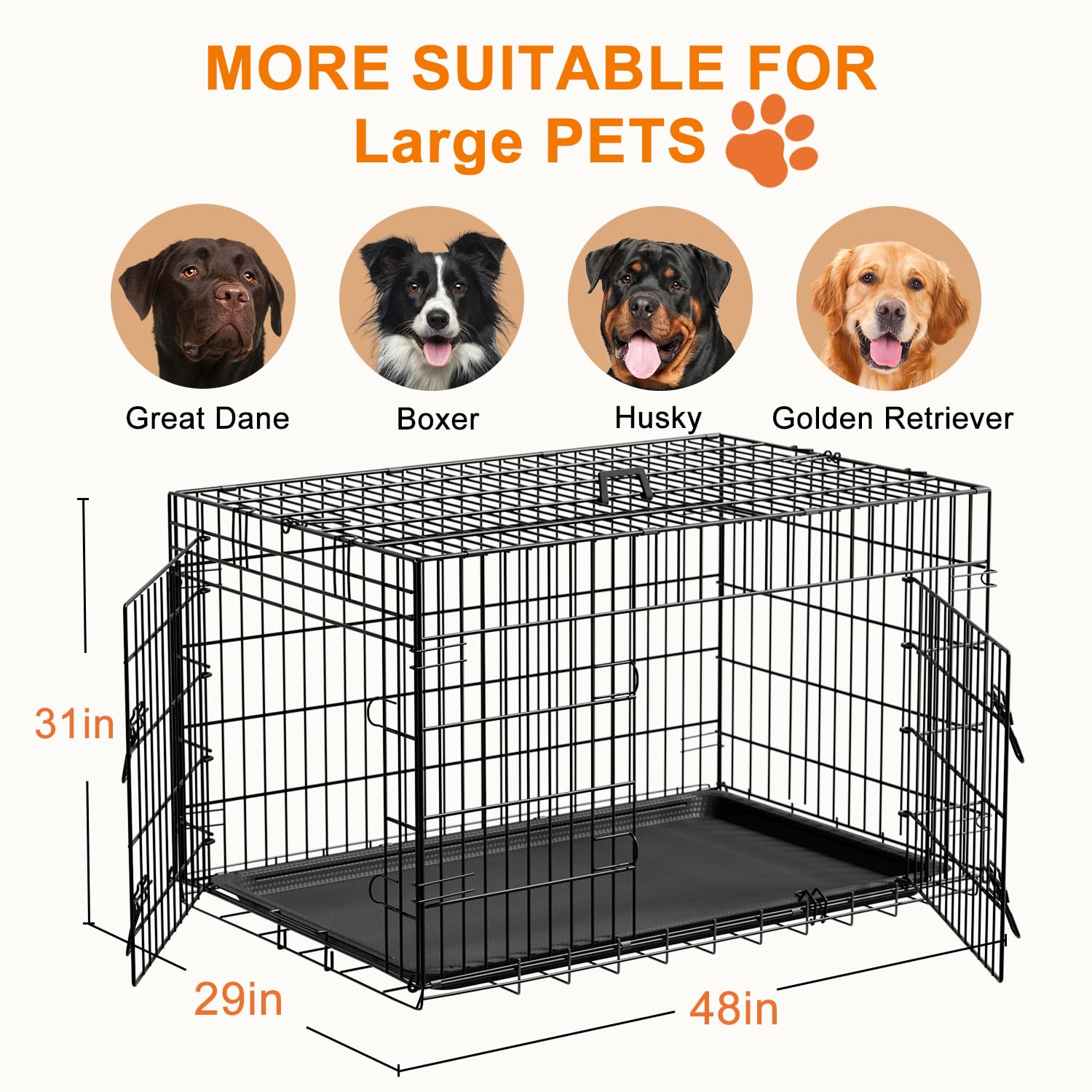 FDW XL Dog Crate 48inch Dog Cage Foldable Metal Kennel with Leakproof Tray Foldable Design Indoor Outdoor Use for Extra Large Do