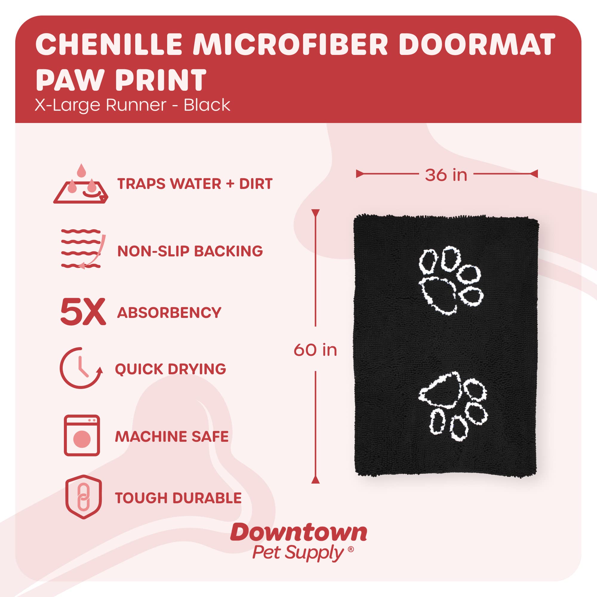 My Doggy Place Microfiber Dog Mat for Muddy Paws, 60 x 36 Black with Paw Print - Non-Slip, Absorbent and Quick-Drying Dog Paw Cl