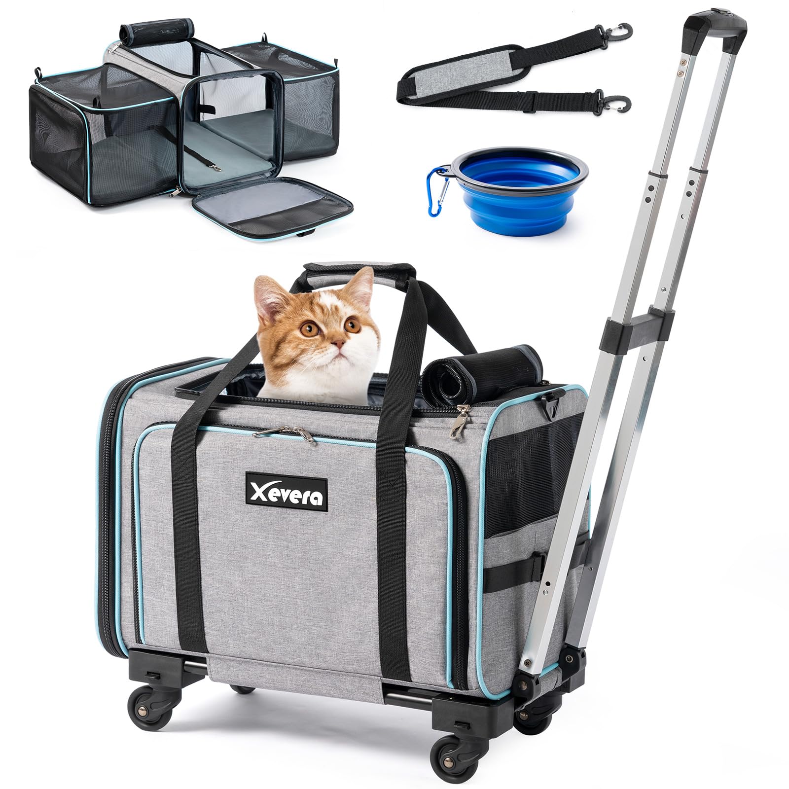 Xevera Cat Dog Carrier With Wheels, Expandable Rolling Soft-Sided Carrier For Small Cats And Dogs Under 25 Lbs, Pet Carrier On W