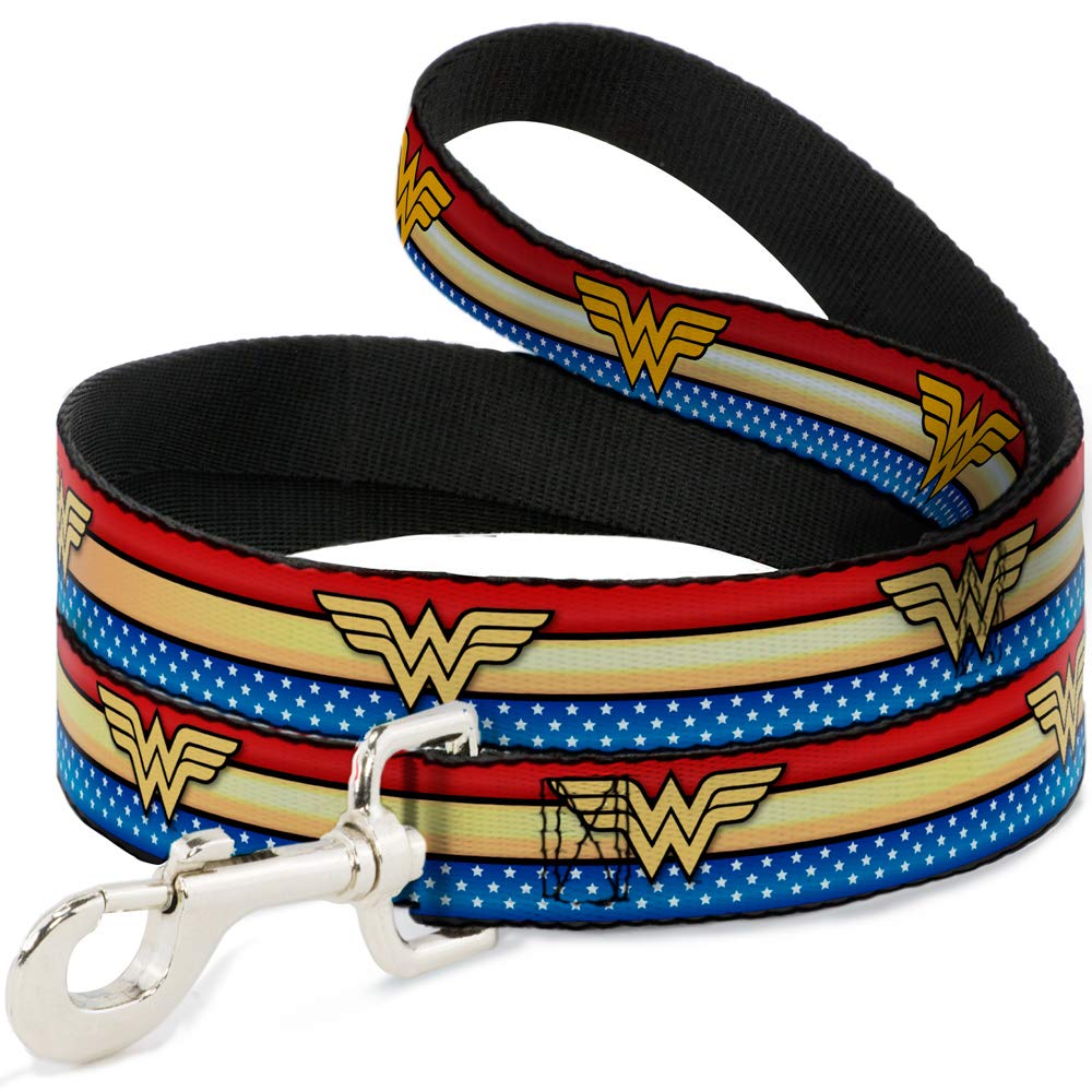 Dog Leash Wonder Woman Logo Stripe Stars Red Gold Blue White 6 Feet Long 1.0 Inch Wide