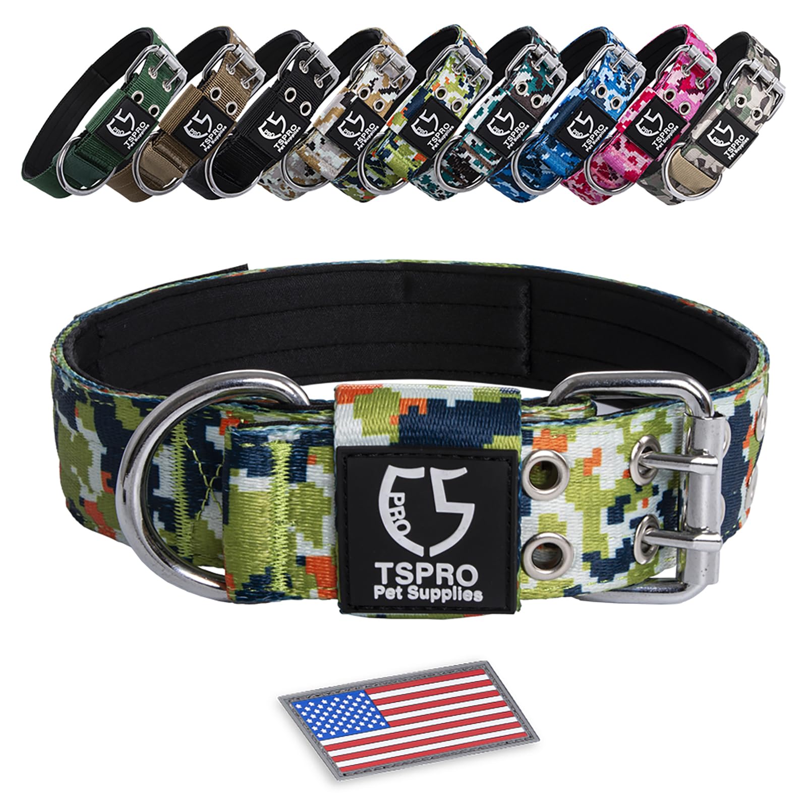 Tspro Camo Dog Collar Tactical Dog Collar Military Dog Collar Working K9 Dog Collar With Metal Buckle And Usa Flag Patch For Large To Extra Large Dogs(Camo Green-L)