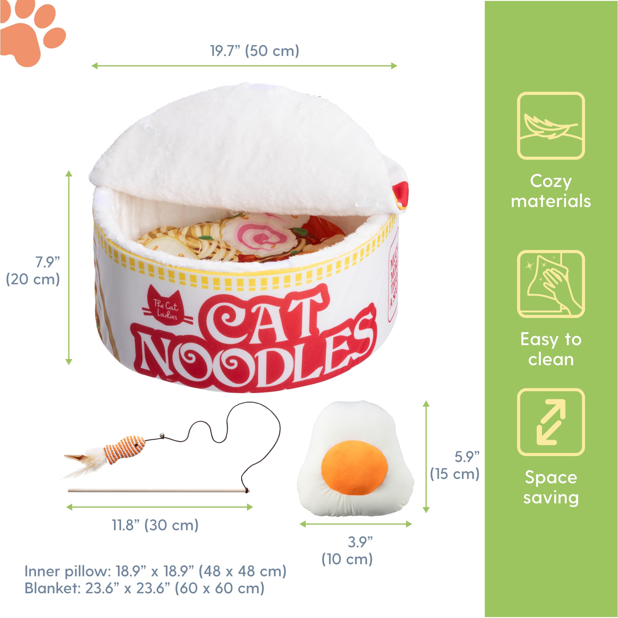Cat Ladies Ramen Cat Bed - Cozy 5-Piece Soft Nest Set With Blanket Pillows And Teaser Toy - Compact Noodle Bowl-Themed Pet Beds