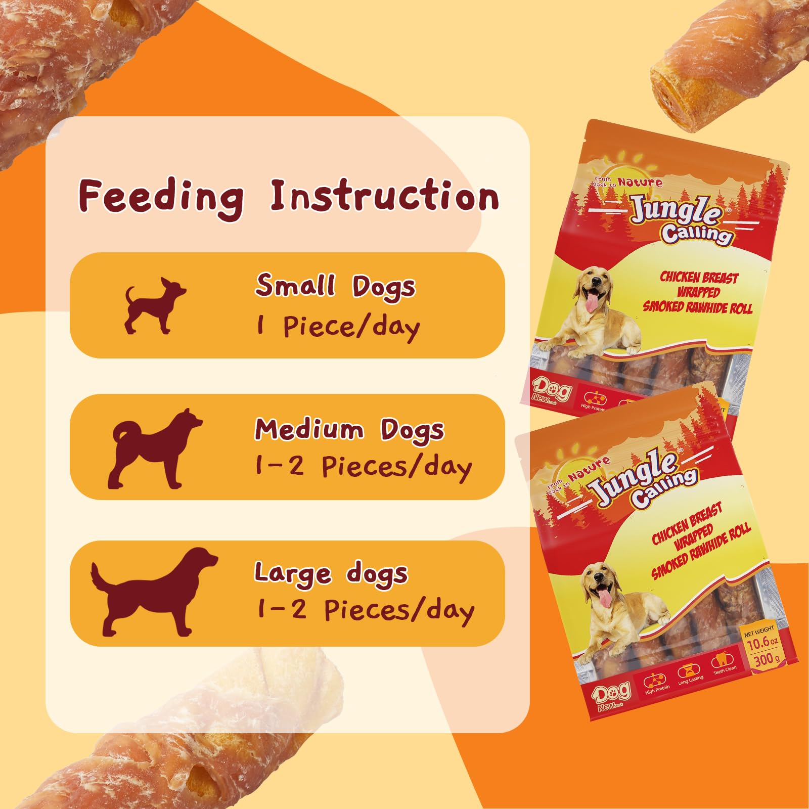 Jungle Calling Dog Treats Smoked Chicken Wrapped Rawhide Rolls, High Protein Dog Chews, Rawhide Chews for Medium and Large Dogs,