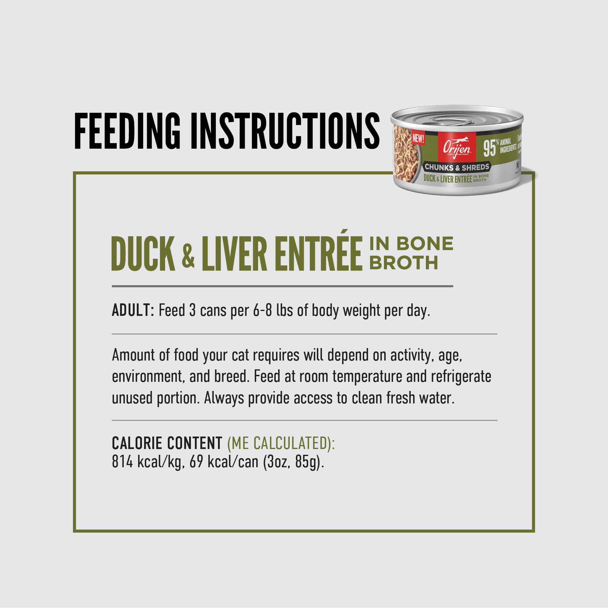 ORIJEN Chunks & Shreds Wet Cat Food Duck & Liver Entr  e 3oz Cans (12 Count)