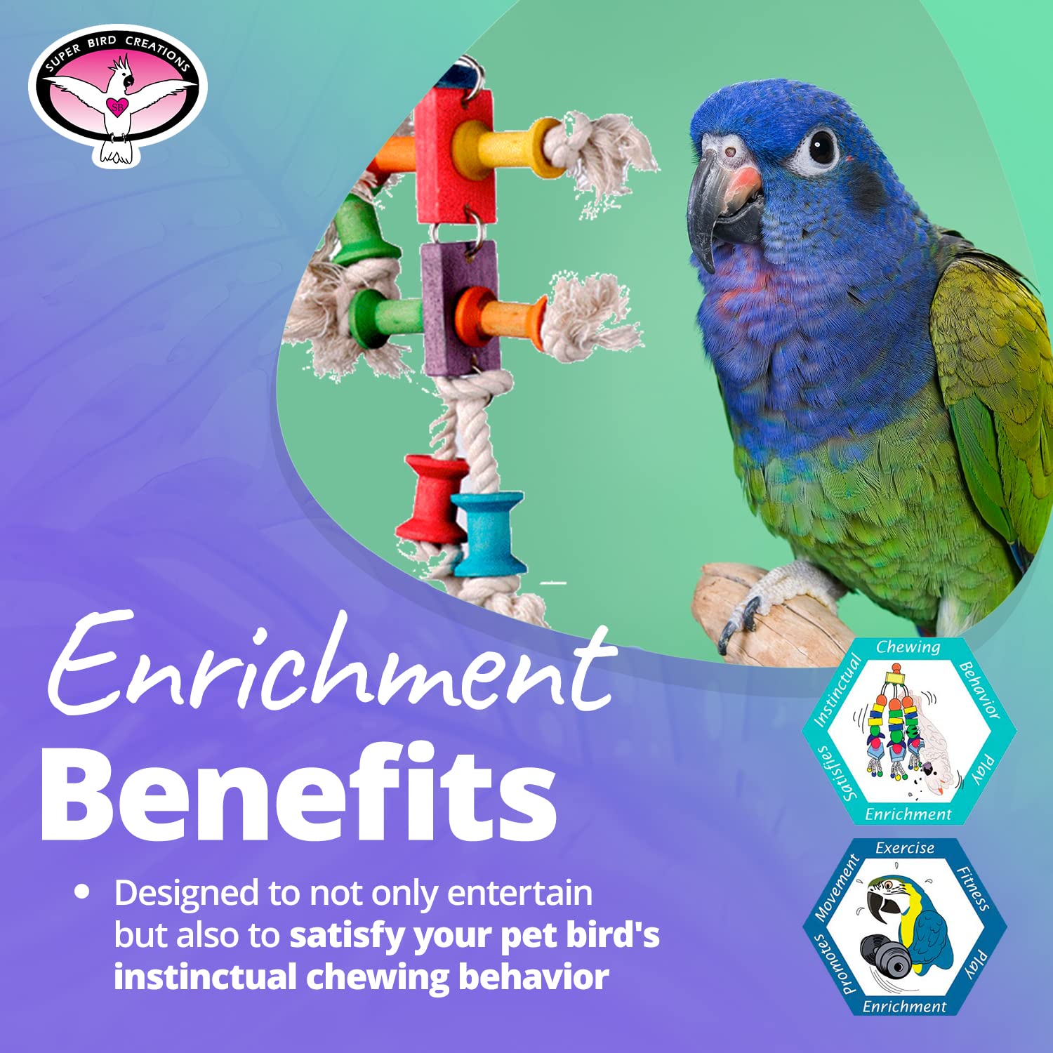 Super Bird Creations Sb468 Dancing Spools Bird Toy With Colorful Wooden Spools And Cotton Rope - Ideal For Ringnecks, Parrots, Quakers - Preening And Chewing Toy - Medium Bird Size - 13' X 8' X 2'