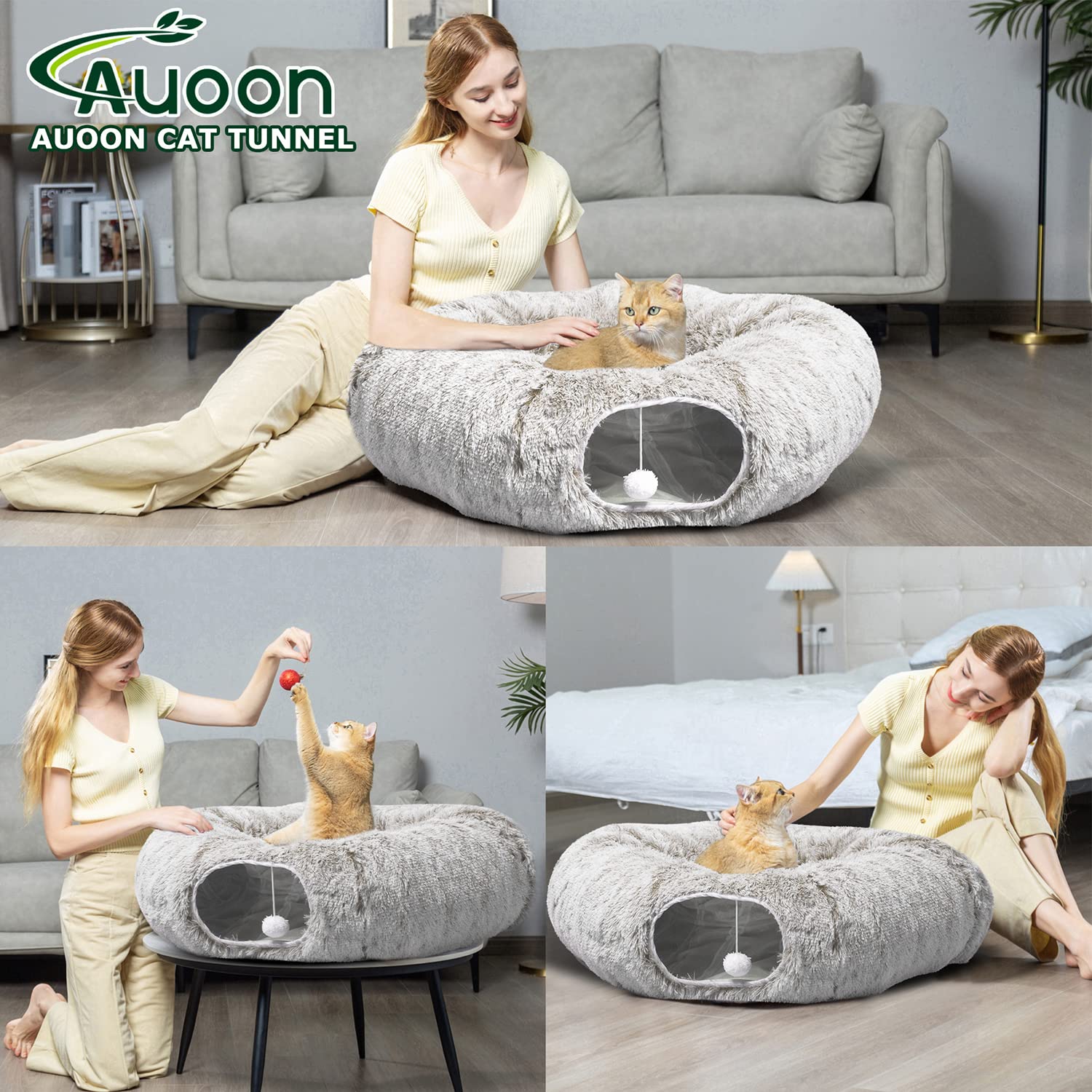 Auoon Cat Tunnel Bed With Central Mat,Big Tube Playground Toys,Soft Plush Material,Full Moon Shape For Kitten,Cat,Puppy,Rabbit,Ferret (Khaki)