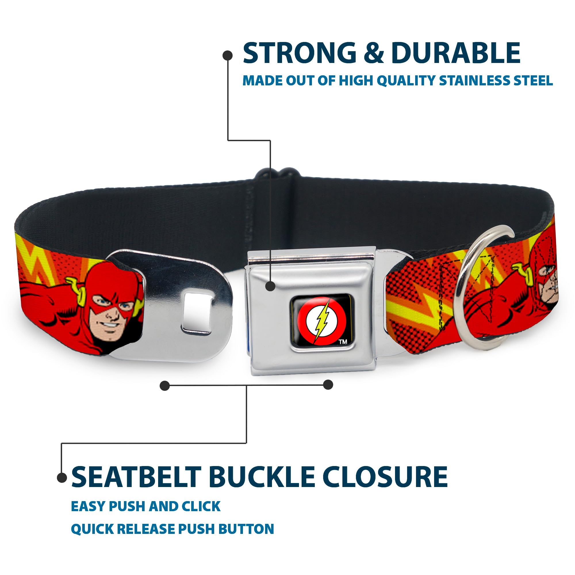 Buckle-Down Dog Collar Seatbelt Buckle The Flash Boom Kaboom 11 To 17 Inches 1.0 Inch Wide