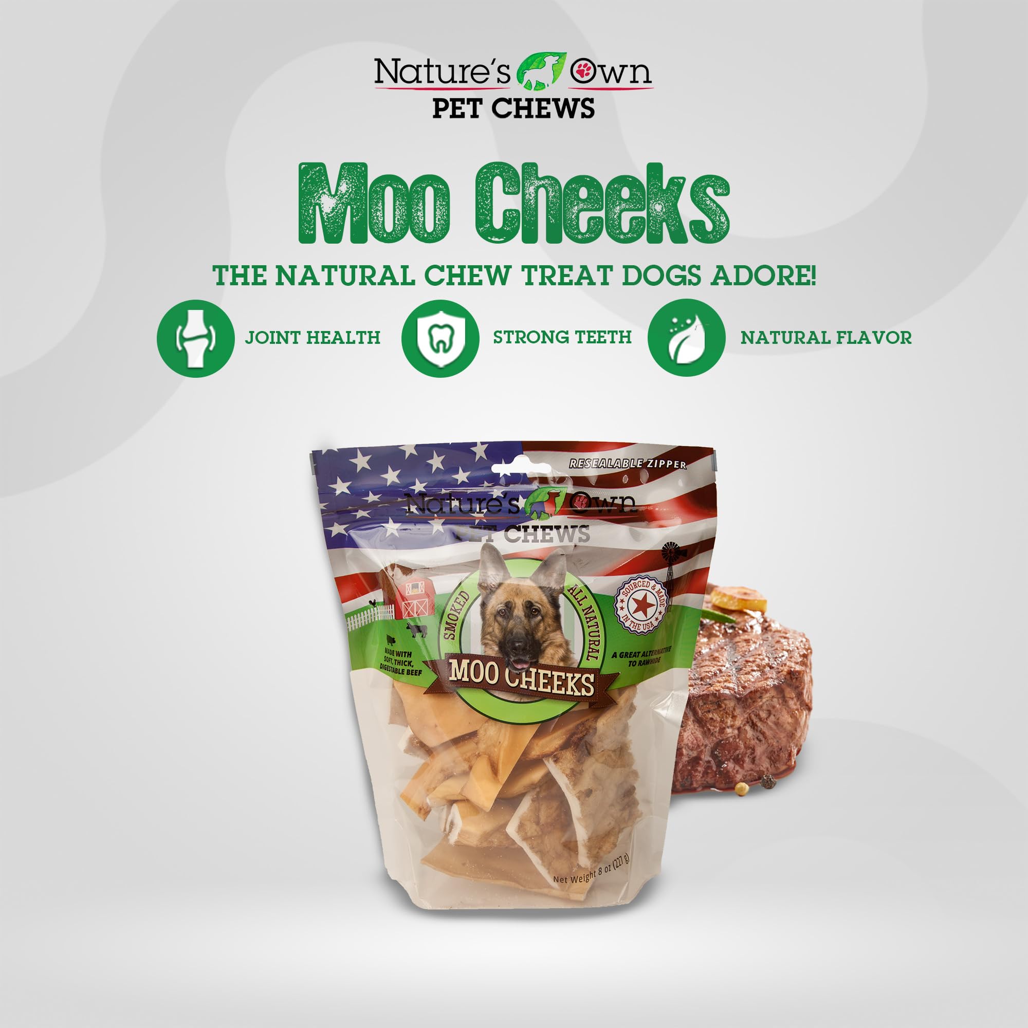 Natures Own Pet Chews Pet Chews Smoked Moo Moo Cheeks 8 oz - Natures Own Pet Chews Bag Treat - 100% Natural Made with Soft, Th