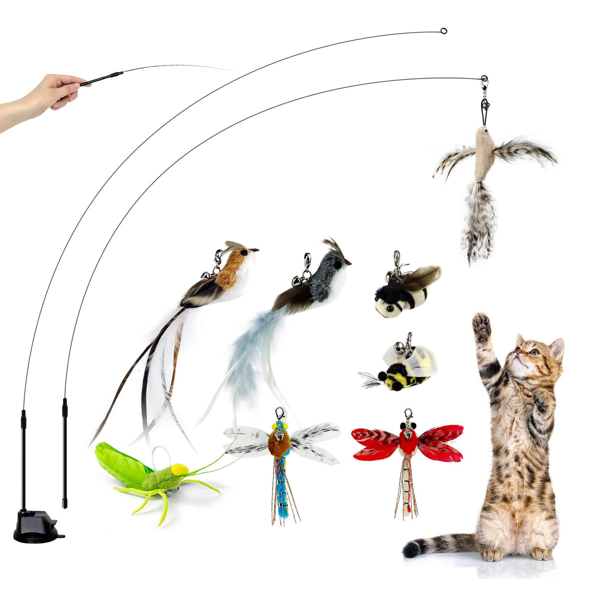 Ttcat Cat Feather Toys With 1 Suction Cup,2 Cat Wands,8Pcs Birds And Insects Simulation Feather Refills With Bells, Interactive 