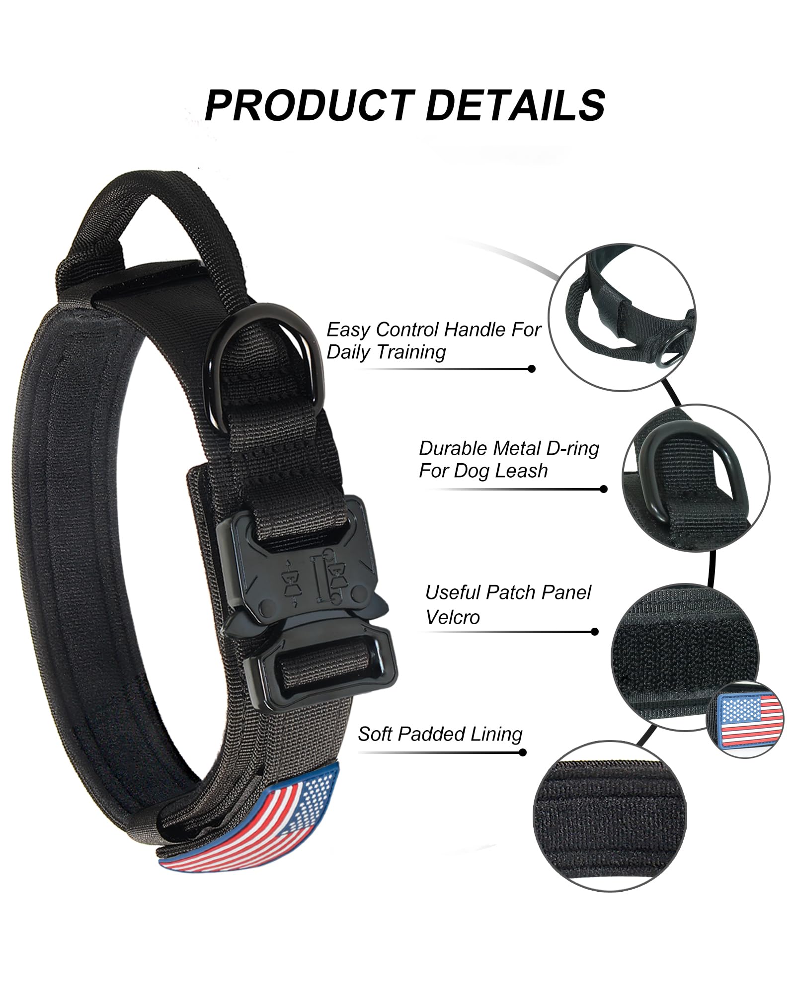 Hotsky Tactical Dog Collar, Adjustable Military Training Nylon Airtag Collar with Handle and Heavy Duty Metal Buckle for Medium