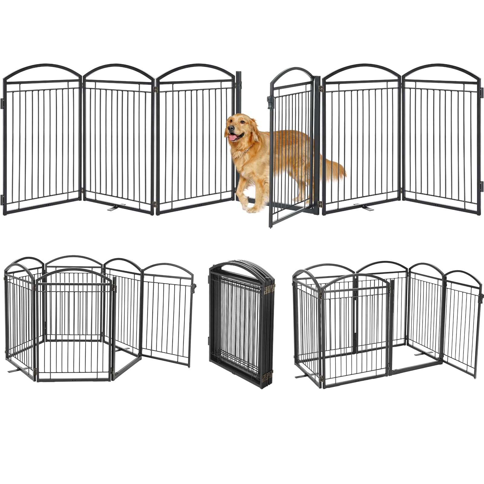 Full Metal Free Standing Dog Gate with Door for Indoor Barriers,144'' Extra Wide 32'' Tall Dog Gate for Doorways,Large Openings,