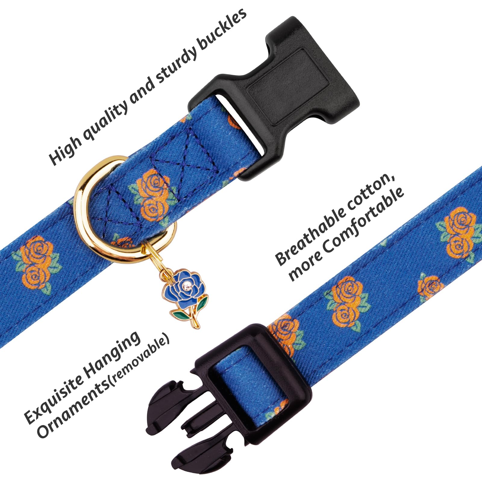 Cotton Handmade Dog Collar Cute And Distinctive Patterns Blue Rose With Pendant For Girl Boy Dogs Collars M