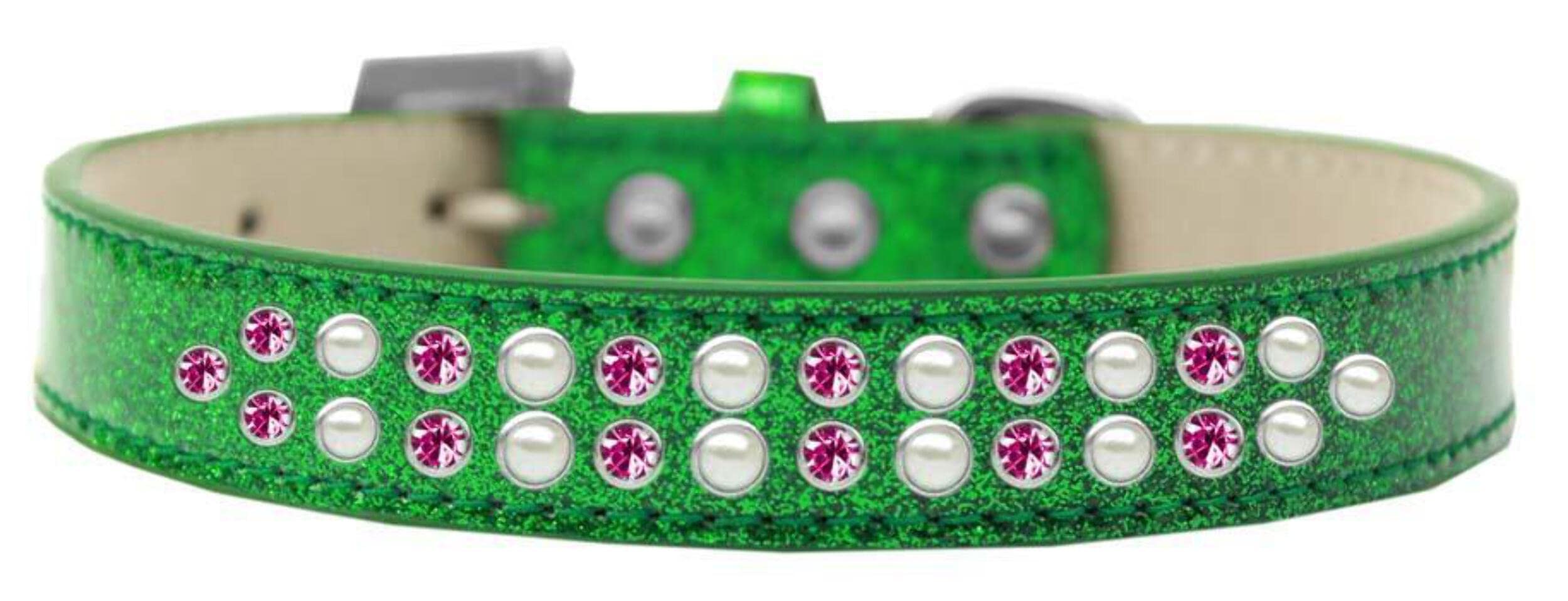 Mirage Pet Products Two Row Pearl and Pink Crystal Ice Cream Dog Collar, Size 18, Emerald Green