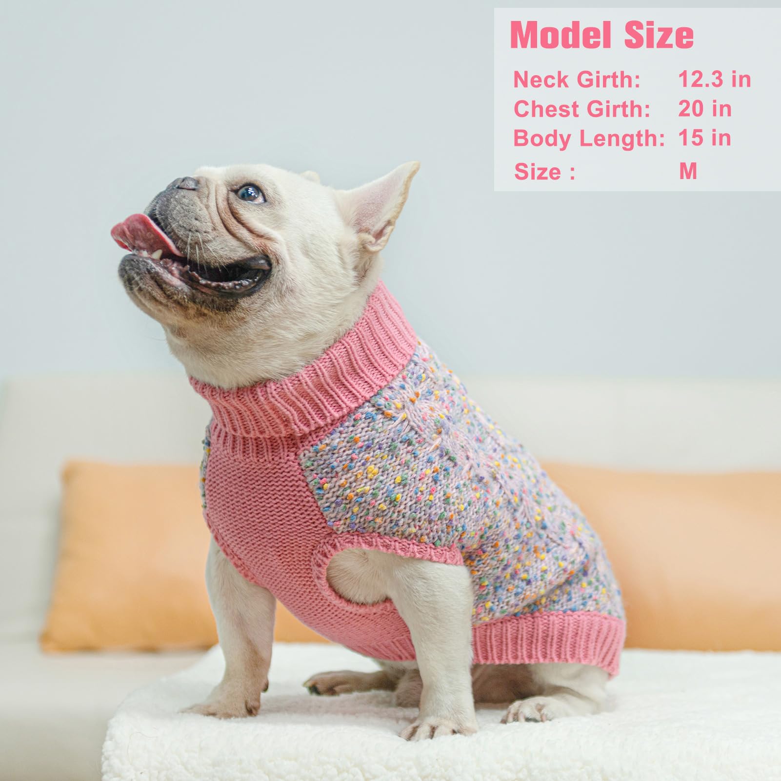 Beautyzoo Xs Dog Sweater, Color Dot Knitted Turtleneck, Acrylic, Pink, Sweater, For Small Medium Dogs, Fall Winter Dog Clothes