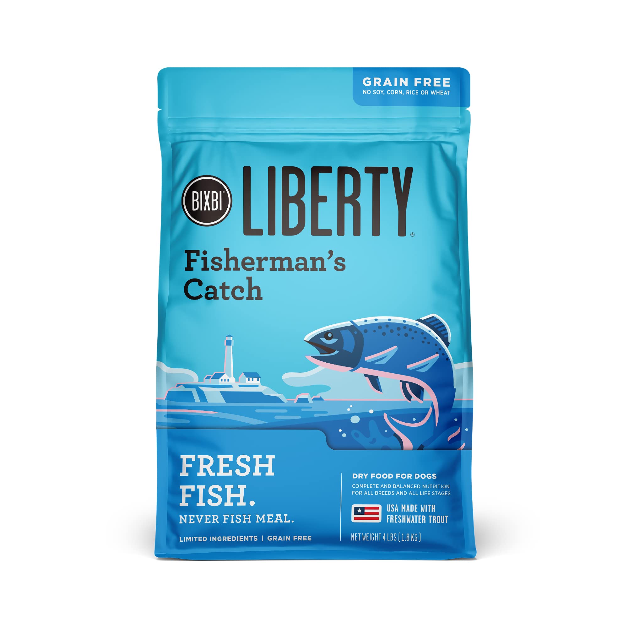 BIXBI Liberty Grain Free Dry Dog Food, Fishermans Catch, 4 lbs - Fresh Fish, No Fish Meal - Gently Steamed & Cooked - No Soy, C