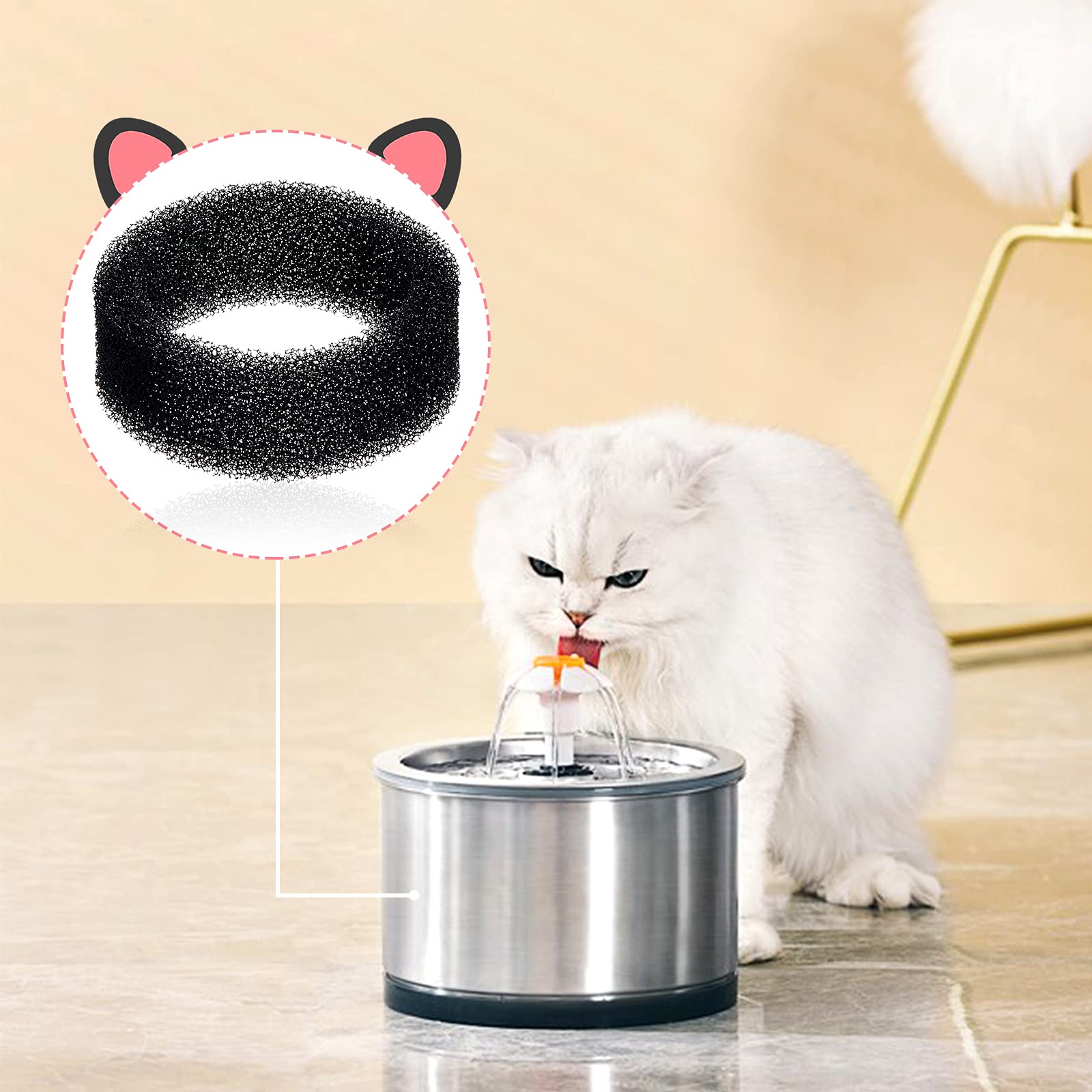 8 Pieces Pet Fountain Filter Pet Water Round Filter Foam For Cat Drink Fountain Cat Water Sponge Filter Cat Fountain Filter Sponge Replacement For 2.5 L/84 Oz 2.2 L/ 74 Oz Stainless Steel Cat Fountain