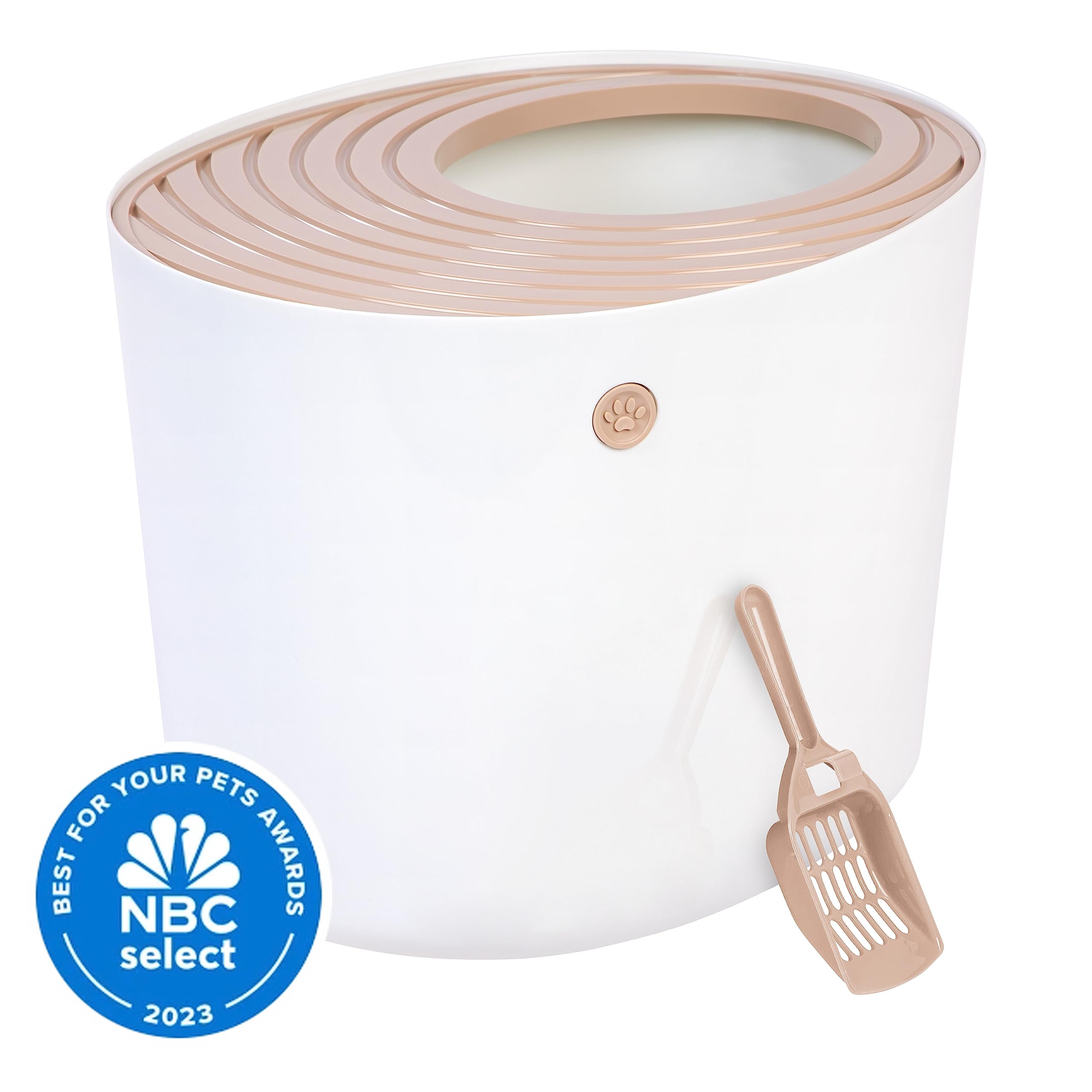 Iris Usa Cat Litter Box, Top Entry Litter Box With Scoop, Stylish Round Cat Litter Box Enclosure, Kitty Litter Box, White/Beige