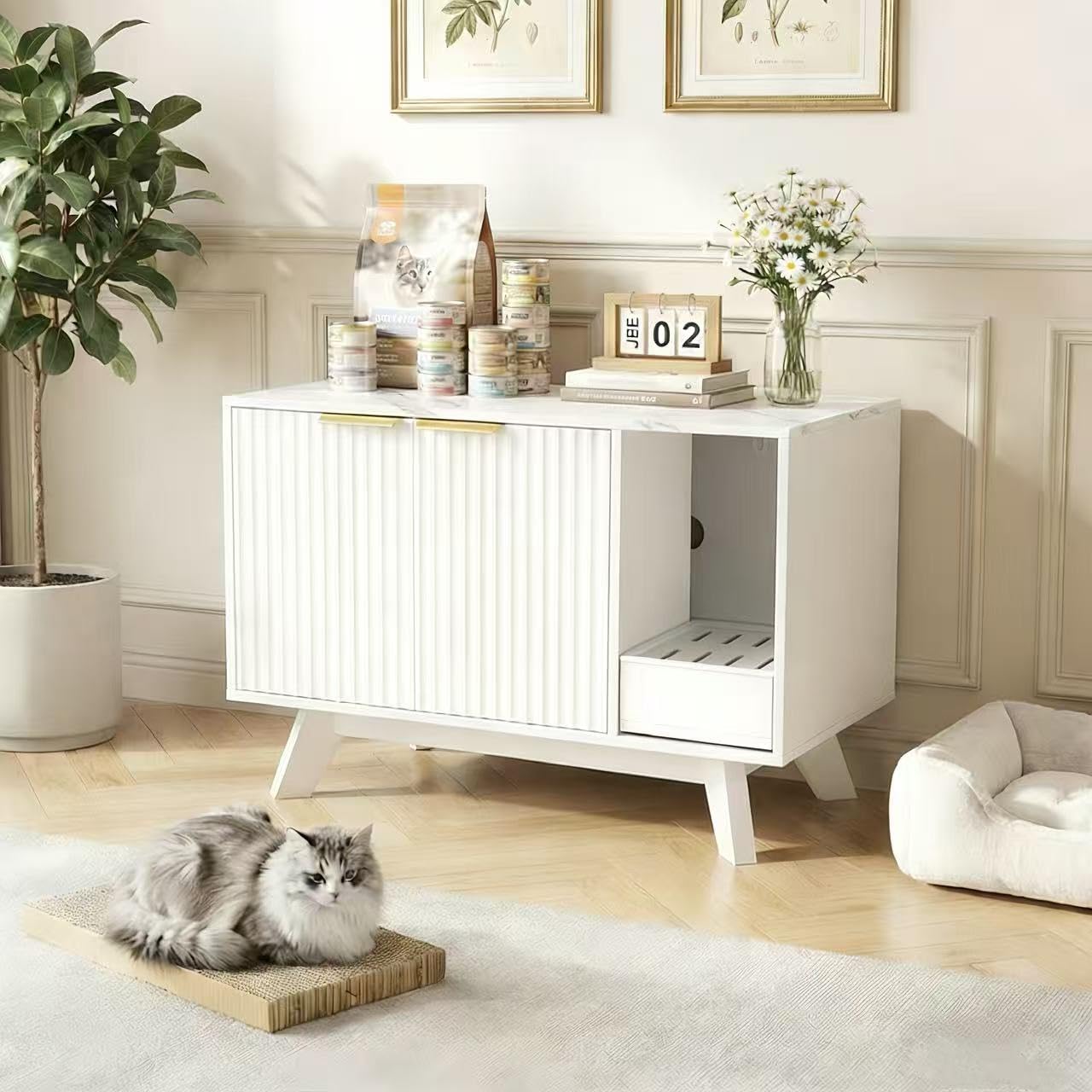 Cat Litter Box Enclosure with Litter Collector,Fluted Hidden Litter Box Furniture with Scratch Pad,31 Wooden Cat Cabinet,Cat Hou