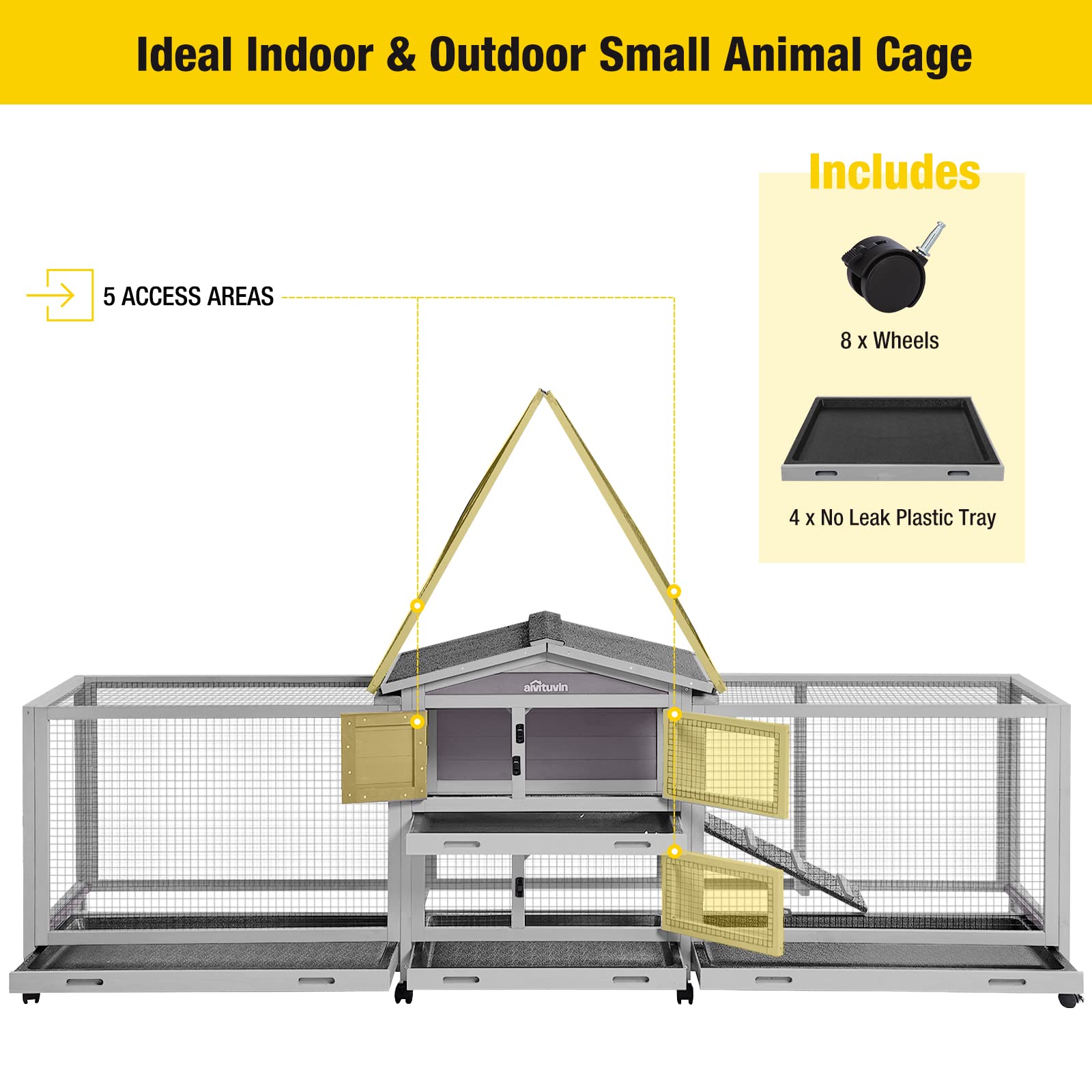 Aivituvin Rabbit Hutch 93.7'' Large Rabbit Cage Indoor Outdoor Guinea Pig Cage Chicken Coop On Wheels Bunny Cage With 4 Deep No
