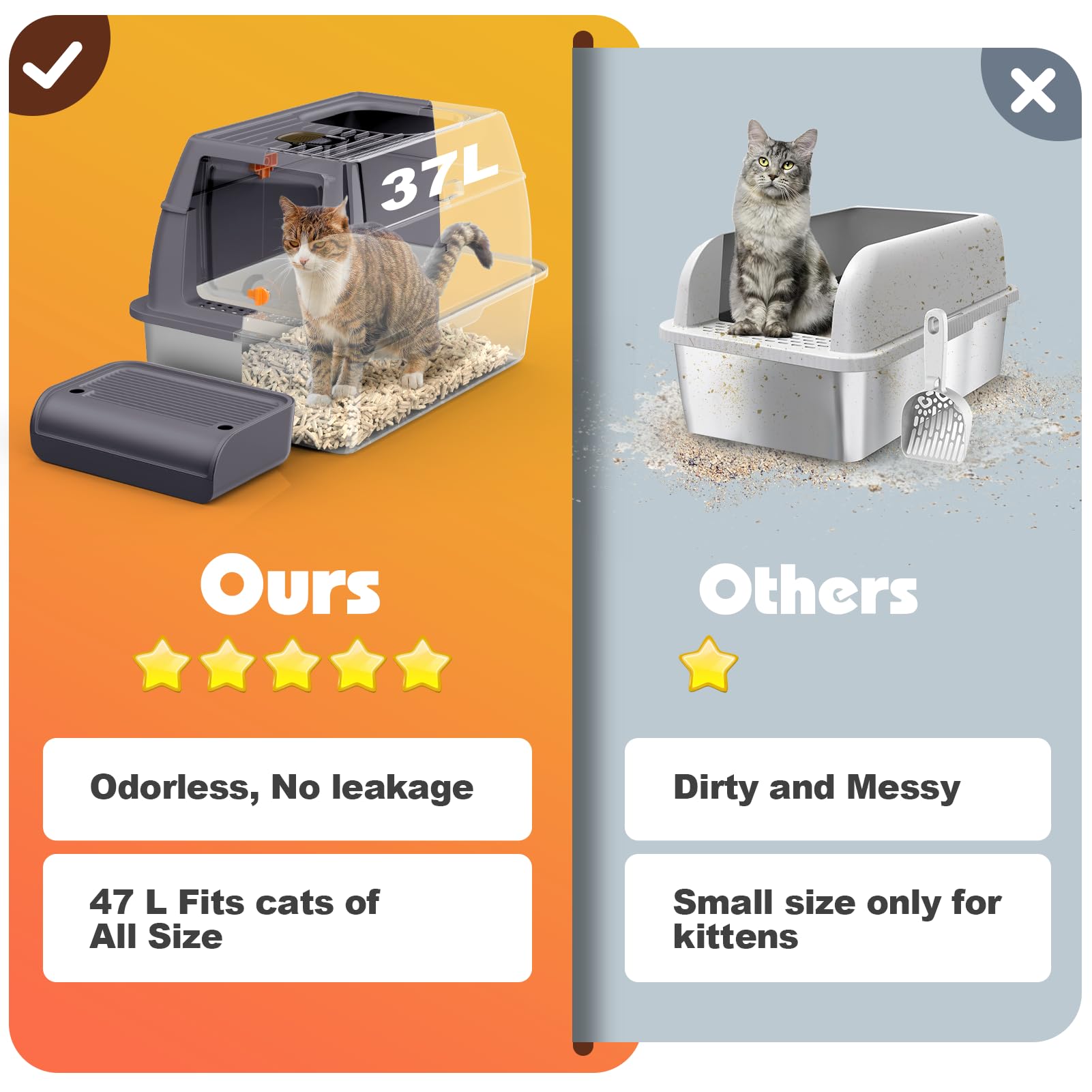 Stainless Steel Cat Litter Box With Lid & Cover, 23.7' No Smell Extra Large Metal Covered Cat Litter Box For Big Cats, Enclosed