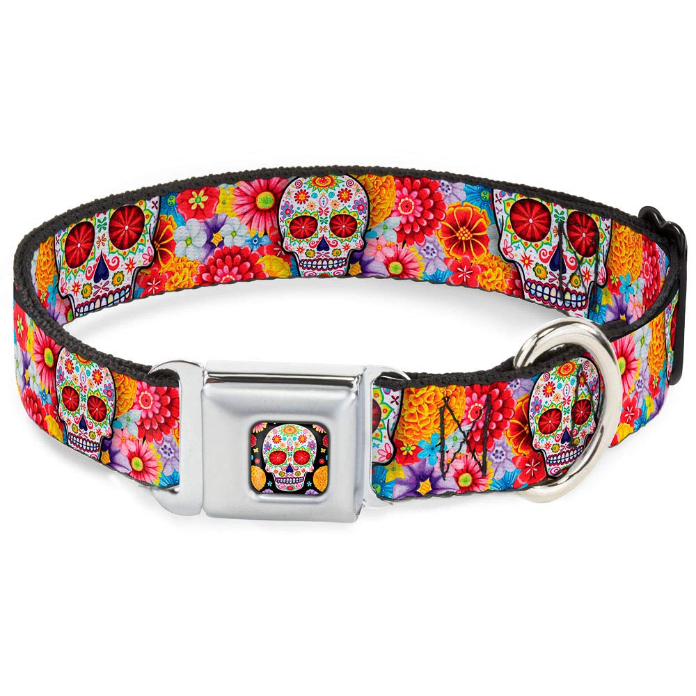 Dog Collar Seatbelt Buckle Sugar Skull Starburst White Multi Color 15 To 26 Inches 1.0 Inch Wide