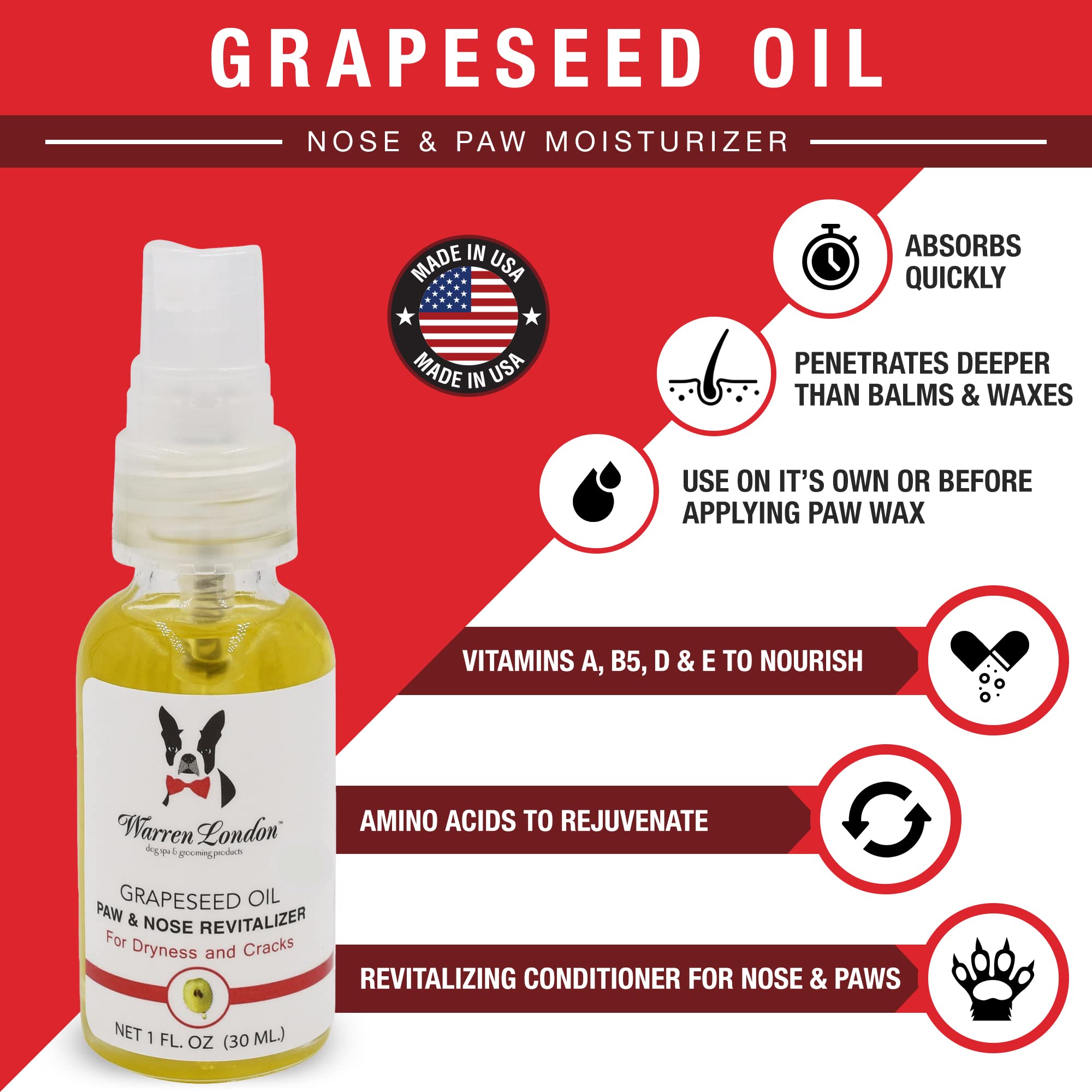 Warren London Nose & Paw Pad Moisturizer For Dogs - Grapeseed Oil & Essential Oil Blend - Instant Relief Revitalizing & Moisturizing Spray For Softer Dog Paws - Made In Usa - 1Oz