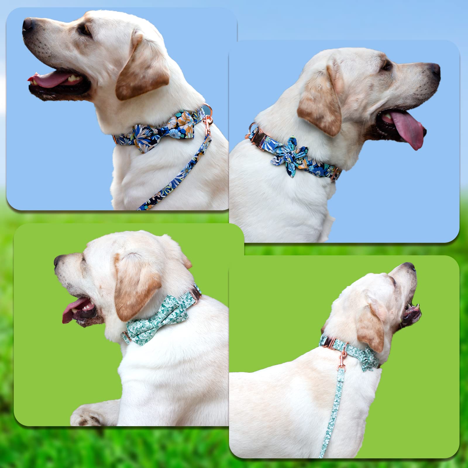 Dog Collar And Leash Set With Flower Bow Tie Girls Dog Collar Dog Tag Metal Buckle Adjustable For Small Medium Large Dogs Green Flower-L
