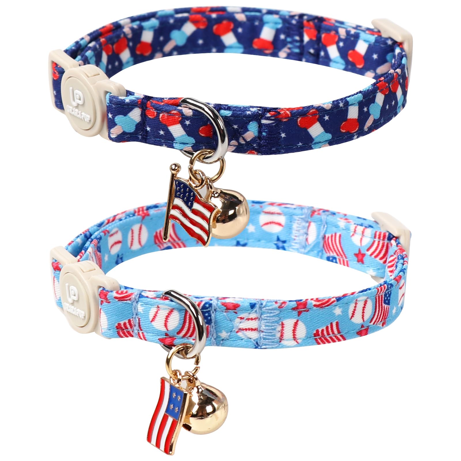 Up Urara Pup 4Th 0F July Cat Collar,2Pack Patriotic Day Kitten Collars Cute Flag Breakaway Kitty Collars,Summer Baseball Blue Ca