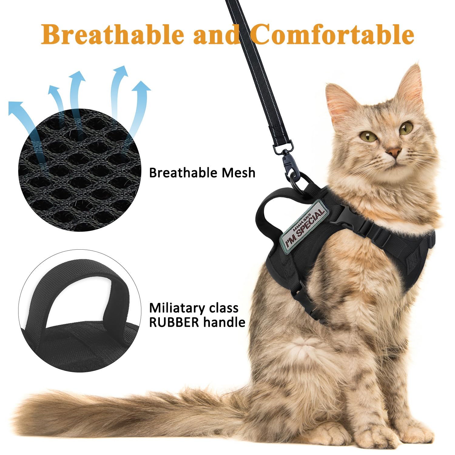 Tactical Cat Harness For Walking Escape Proof, Soft Mesh Adjustable Pet Vest Harness For Large Cat, Small Dog And Khaki (Black,